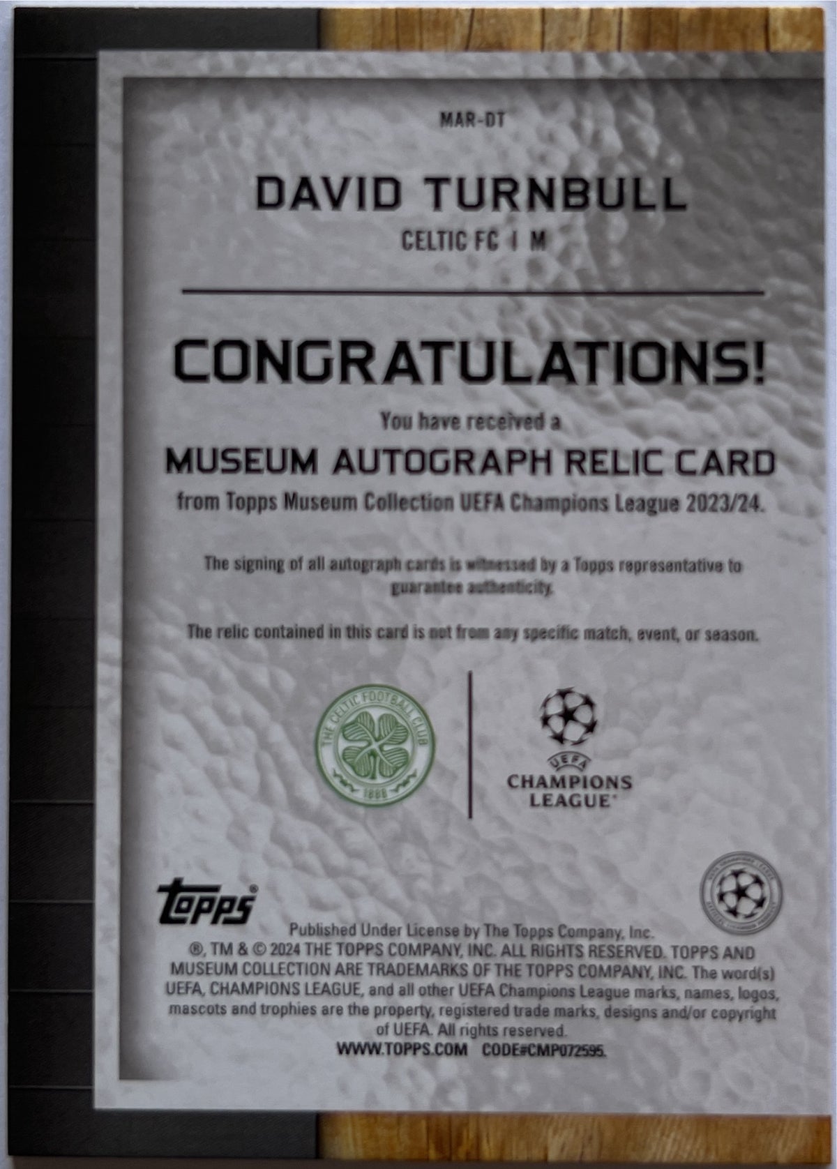 David Turnbull 26/299 Patch Autograph Topps Museum 2023/24