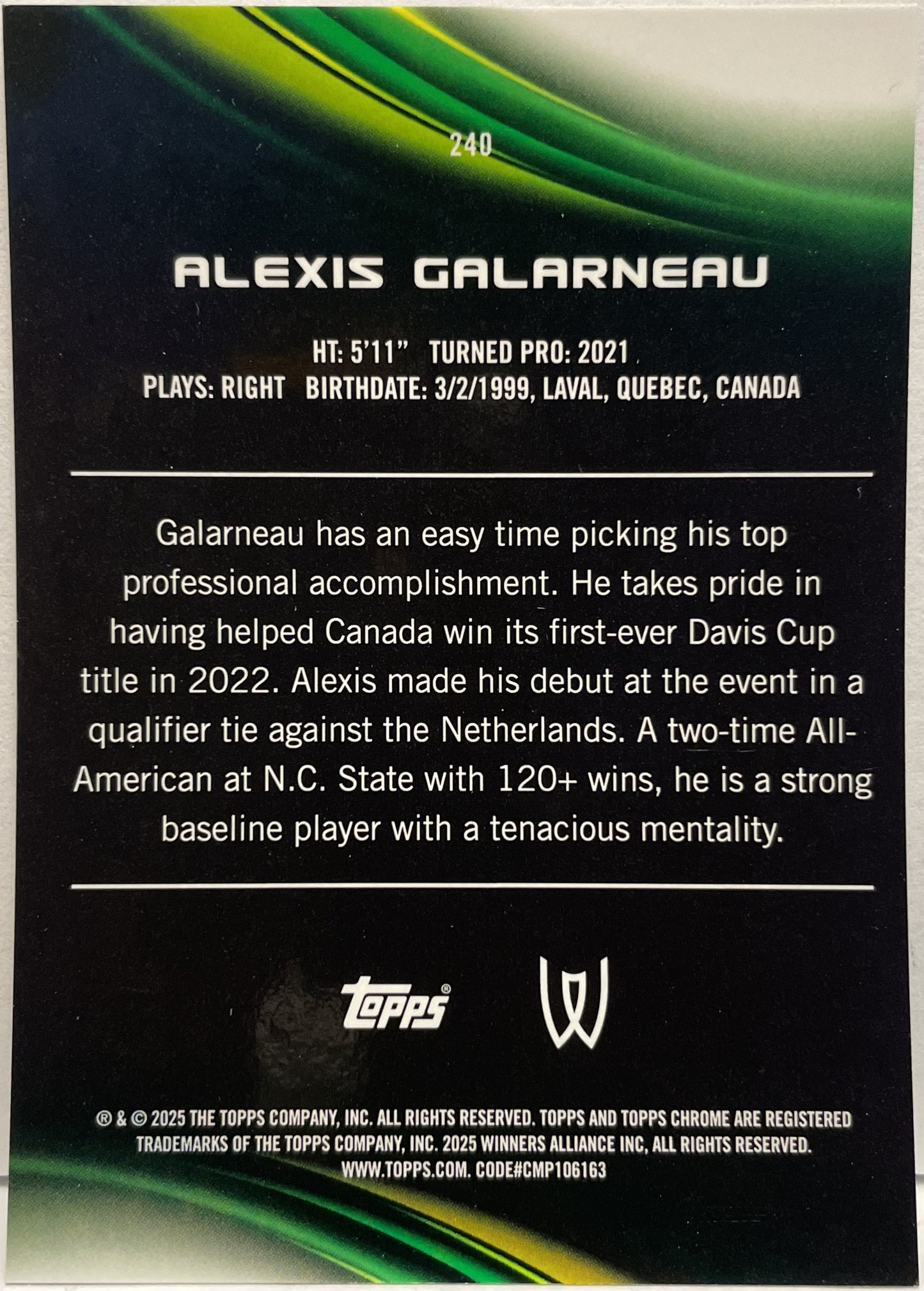 Alexis Galarneau 60/199 Rookie Aqua Topps Chrome Tennis 2025
