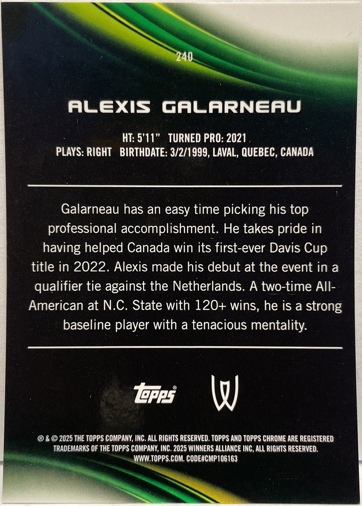 Alexis Galarneau 60/199 Rookie Aqua Topps Chrome Tennis 2025