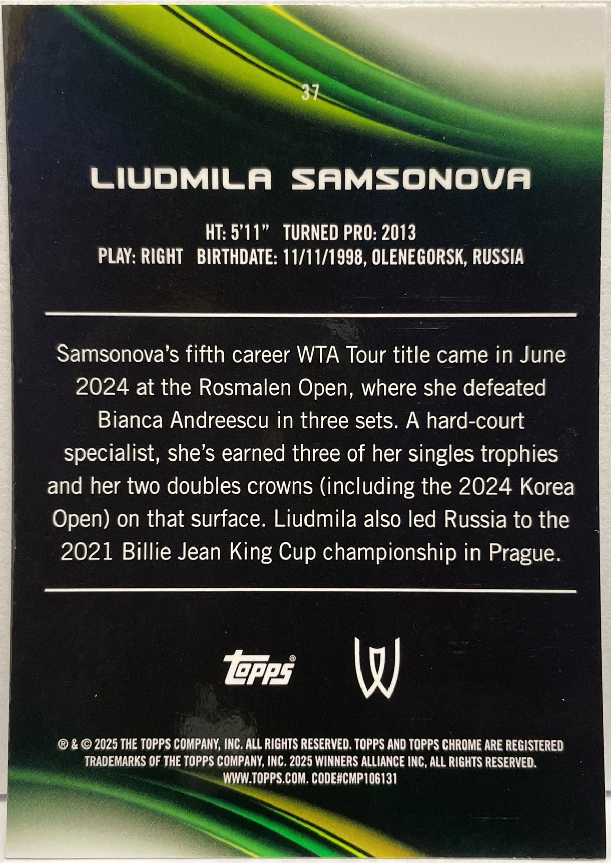 Liudmila Samsonova 179/199 Aqua Topps Chrome Tennis 2025
