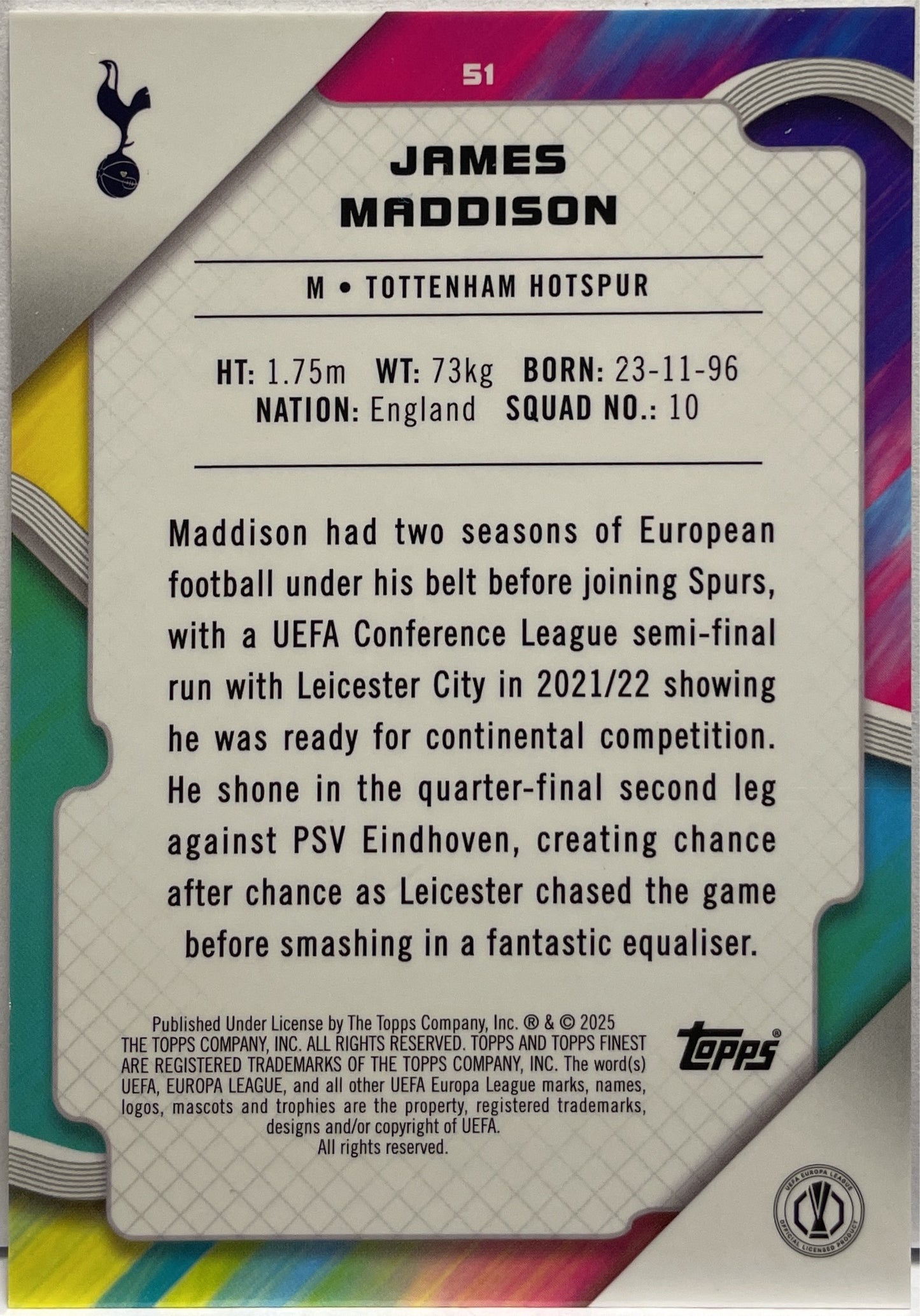 James Maddison 118/125 Pink Prism Topps Finest UCC 2024/25
