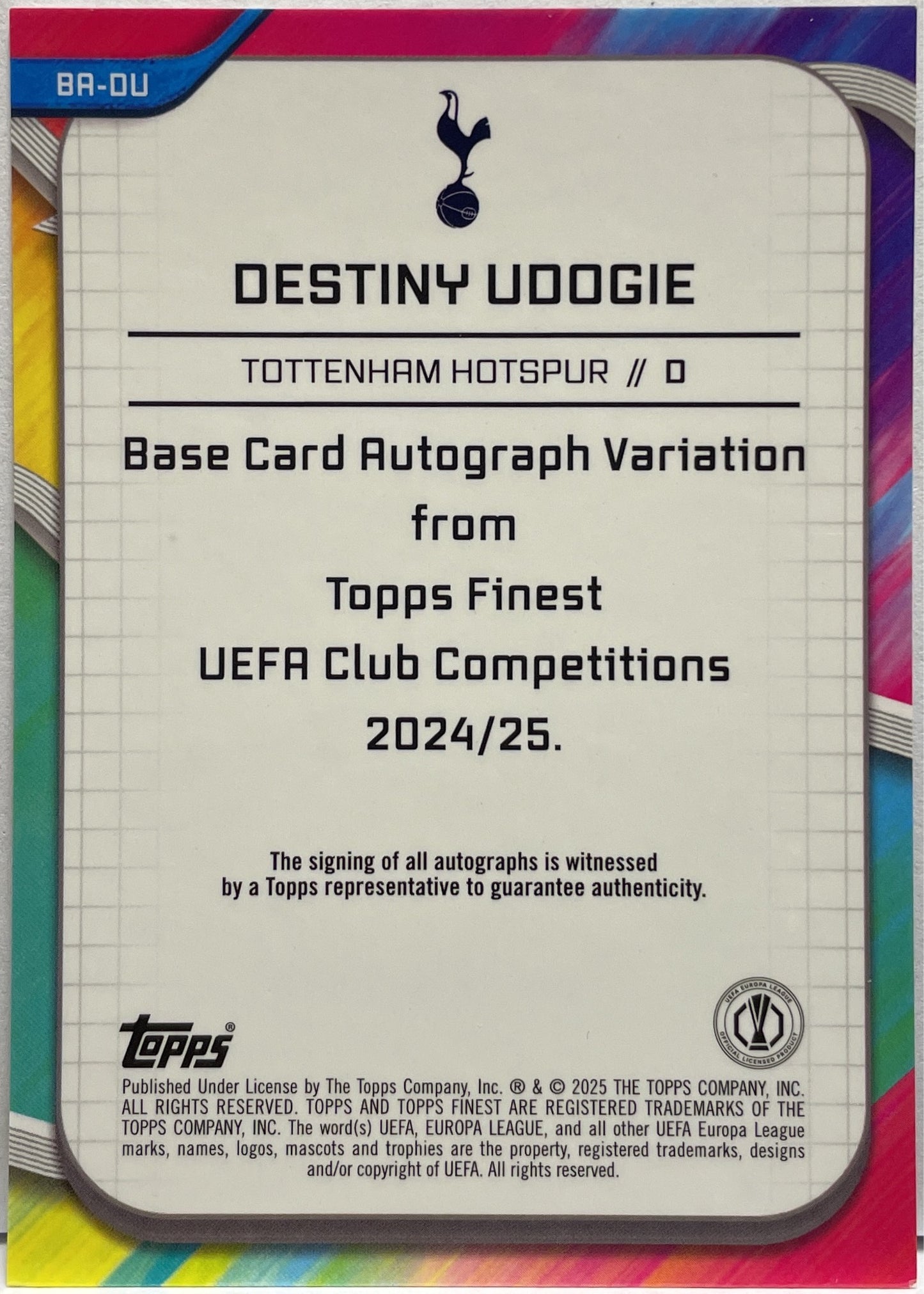 Destiny Udogie 123/199 Autograph Purple Shimmer Topps Finest UCC 2024/25