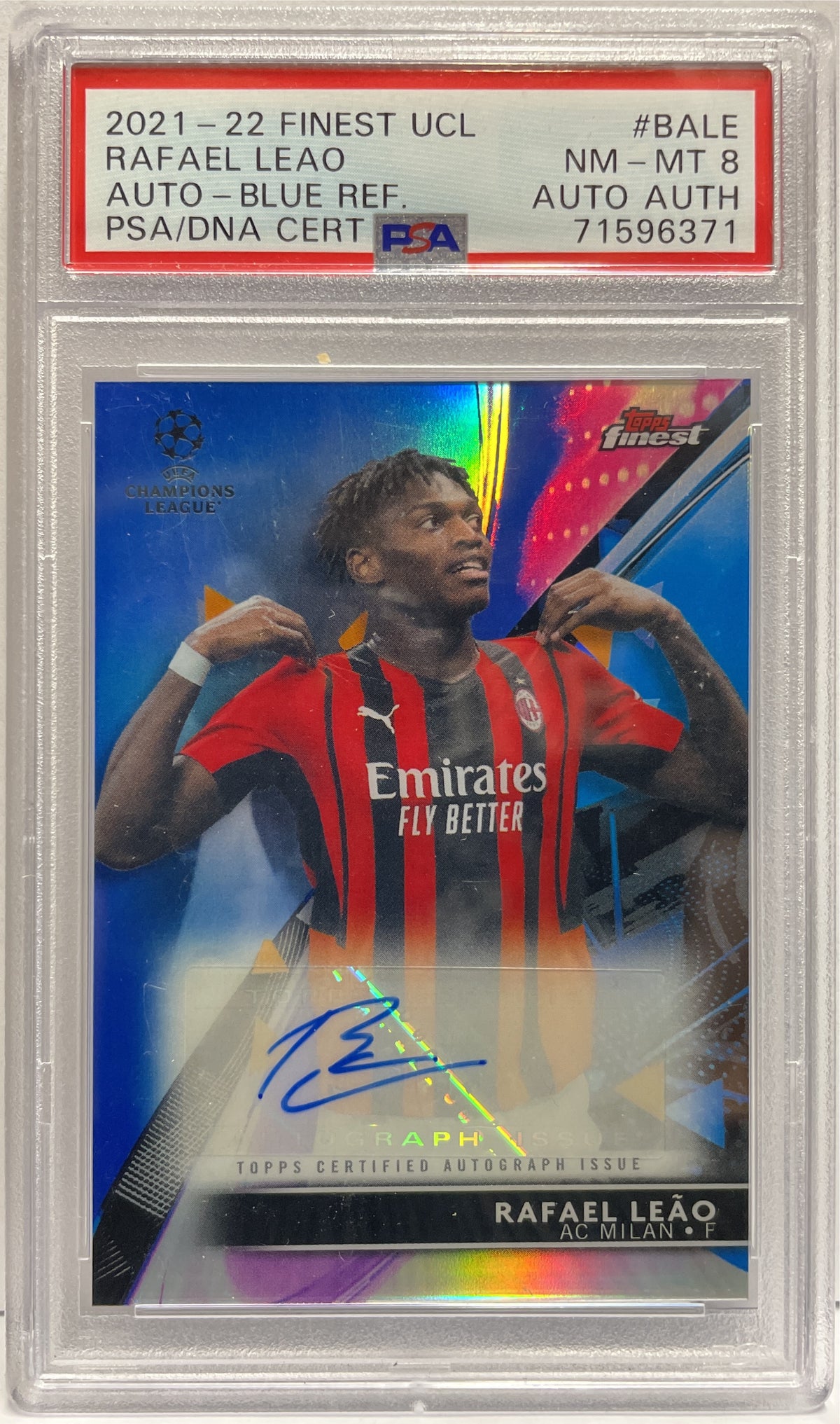 Rafael Leao 62/150 Autograph Blue Topps Finest UCL 2021/22 PSA 8