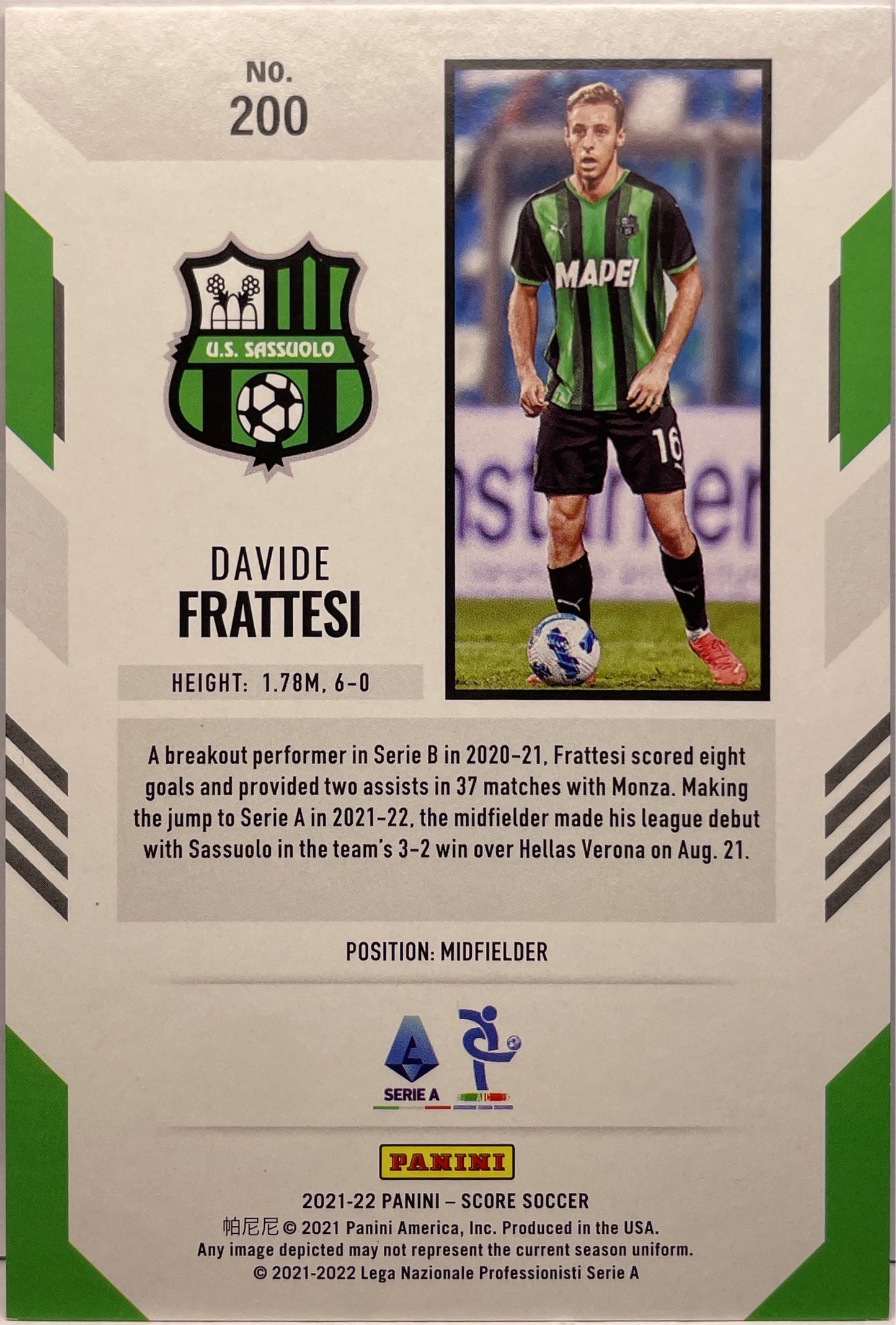 Davide Frattesi Rookie Rainbow Multicolor 1/1 1/5 3/10 2/15 1/25 4/49 41/99 Score Serie A 2021/22