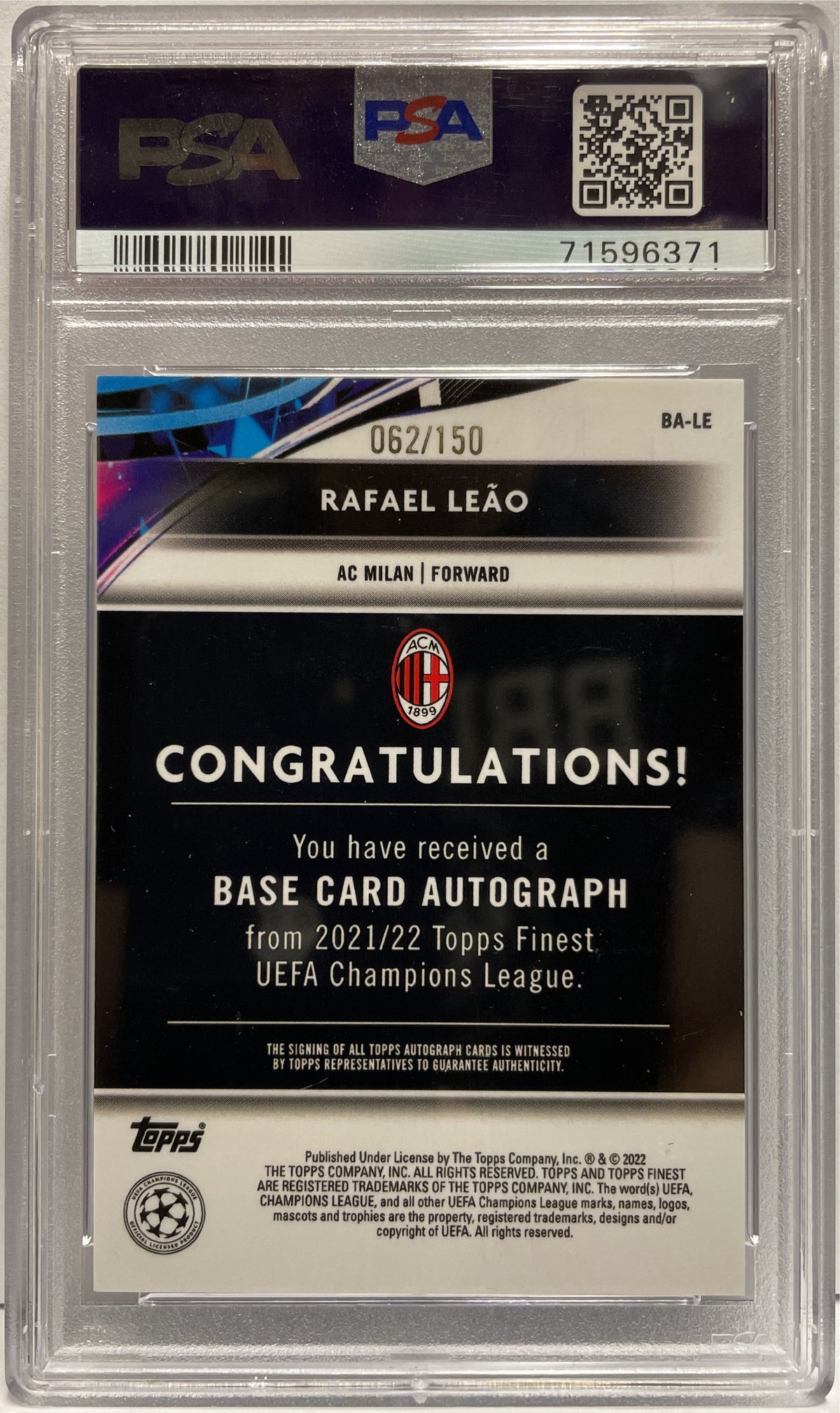 Rafael Leao 62/150 Autograph Blue Topps Finest UCL 2021/22 PSA 8