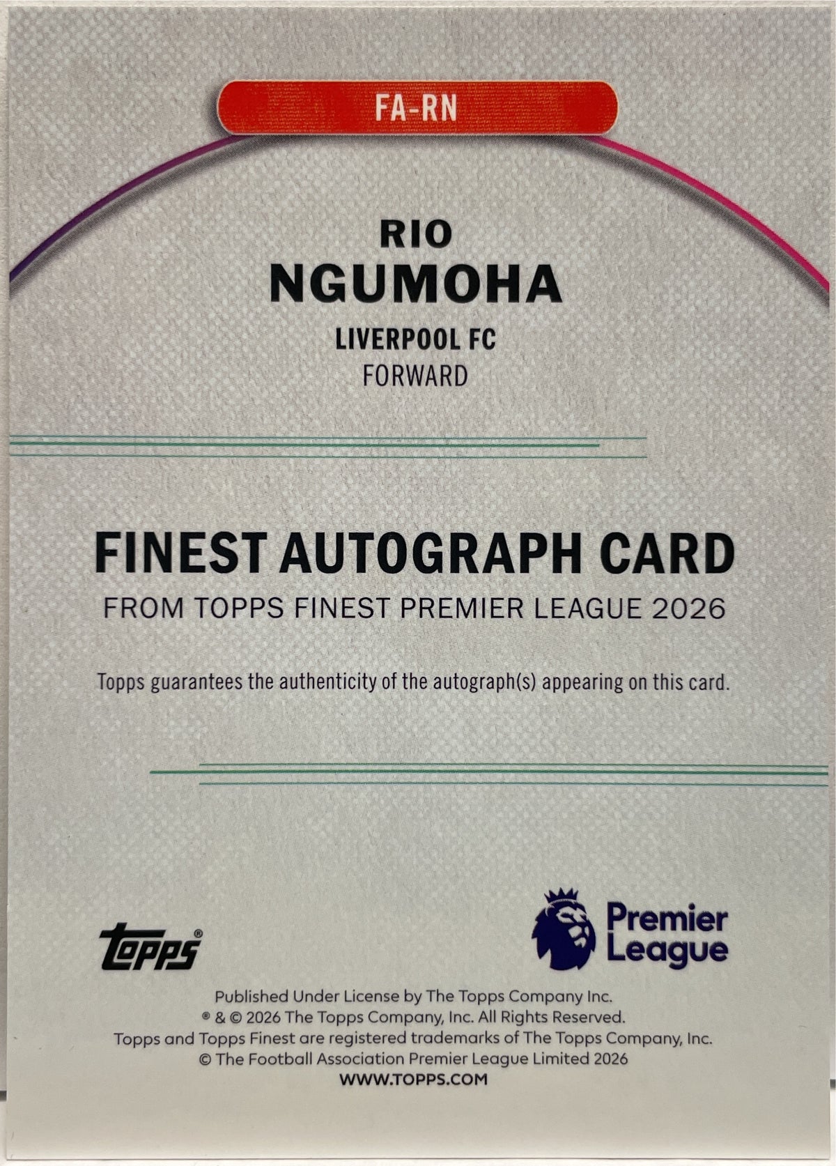 Rio Ngumoha 17/125 Rookie Autograph Topps Finest EPL Premier Premier League 2025/26