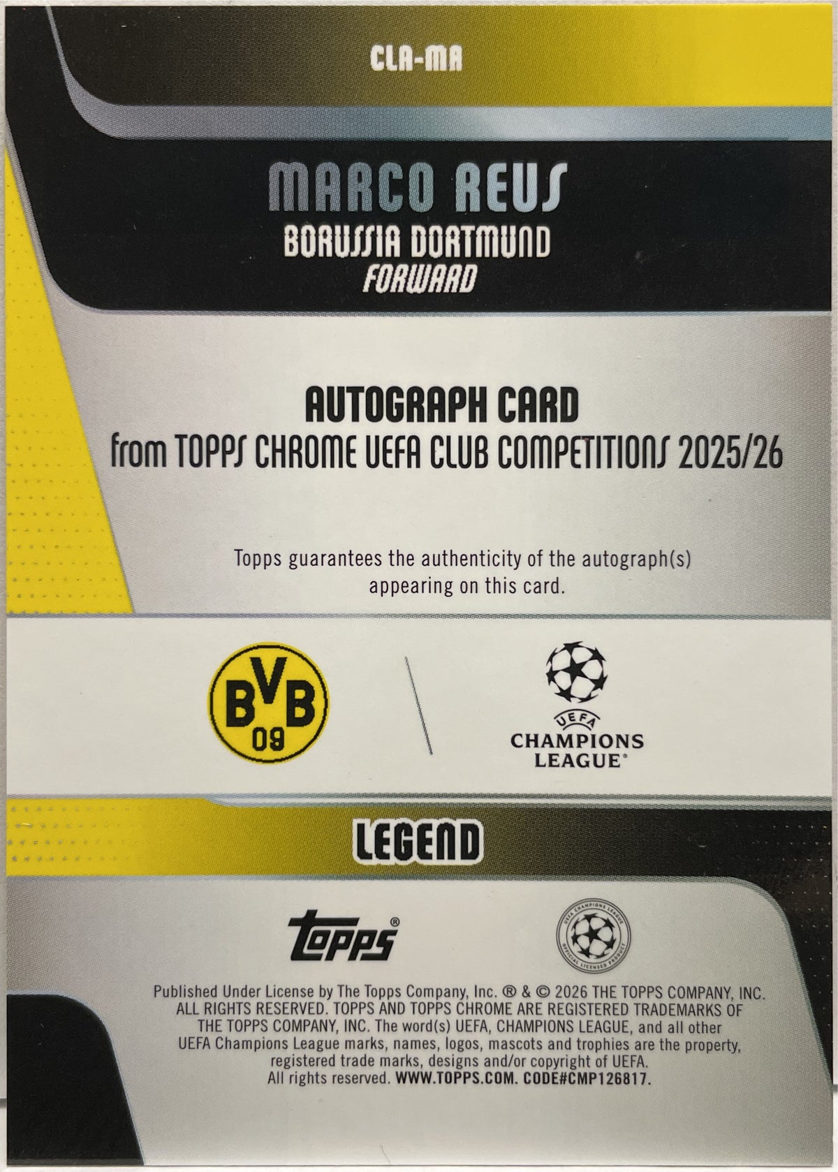 Marco Reus 19/25 Autograph Starball Orange Topps Chrome UCC 2025/26