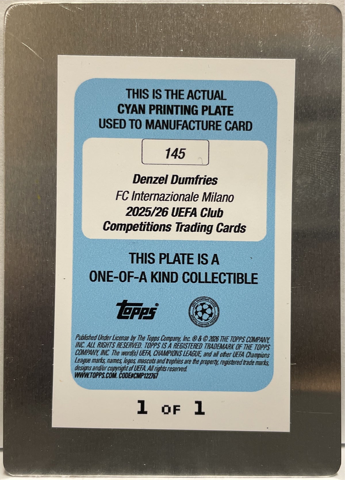 Denzel Dumfries 1/1 Printing Plate Topps UCC 2025/26