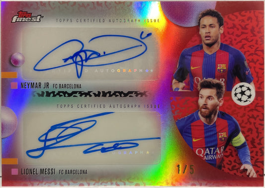 Lionel Messi Neymar Jr 1/5 Dual Autograph Red Topps Finest UCC 2025/26