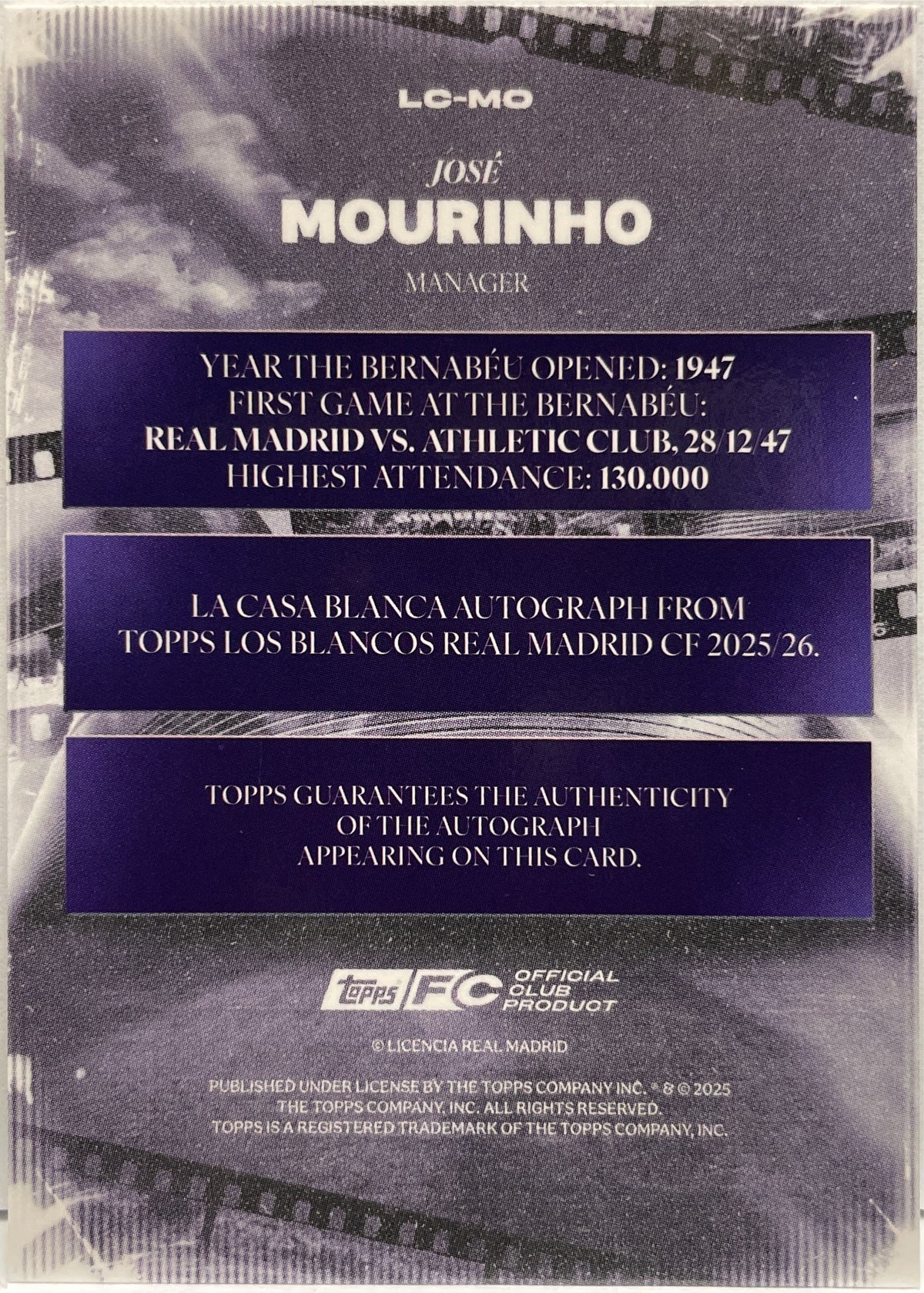 Jose Mourinho 64/75 Autograph Topps Los Blancos 2025/26