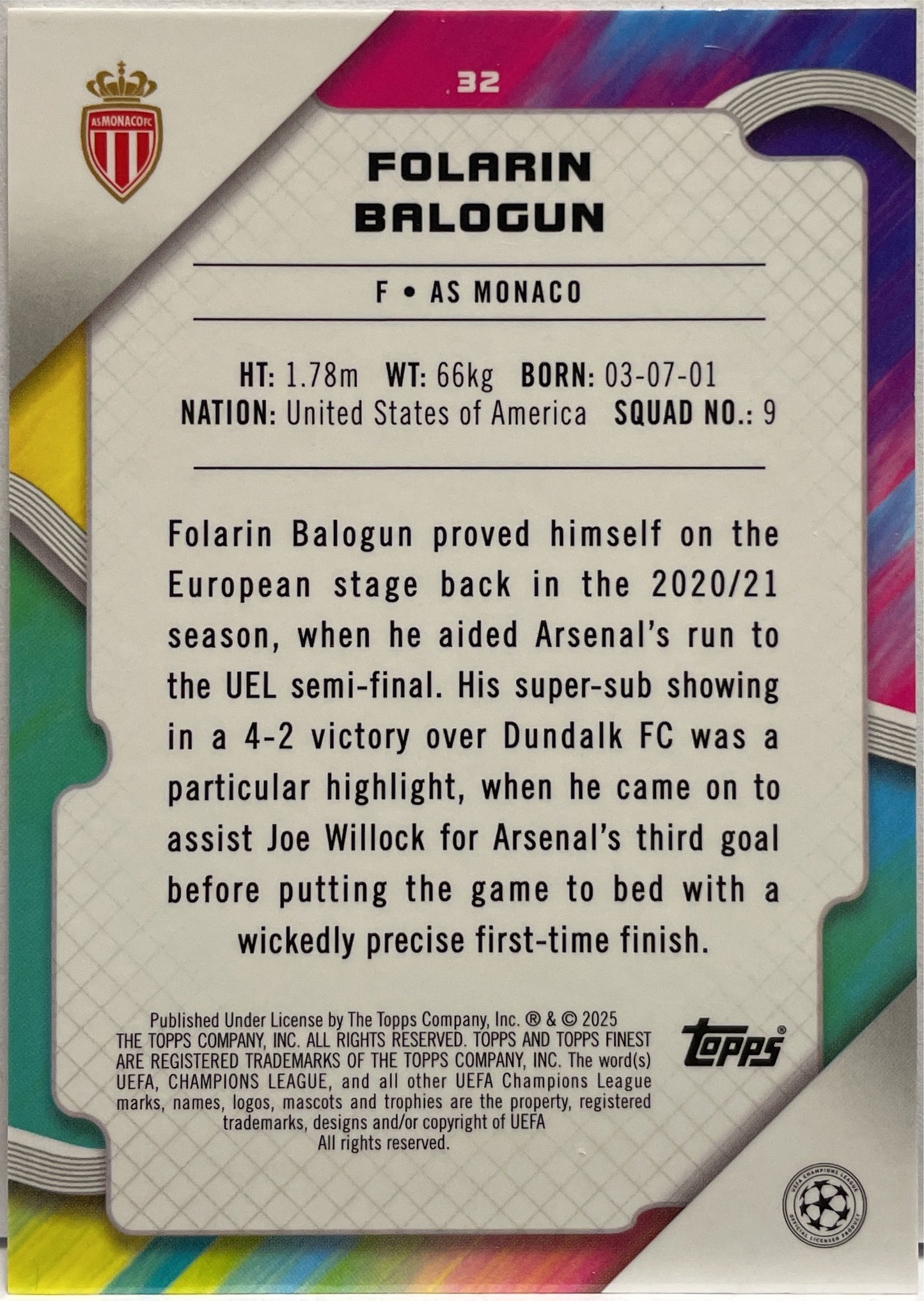Folarin Balogun 31/125 Pink Prism Topps Finest UCC 2024/25