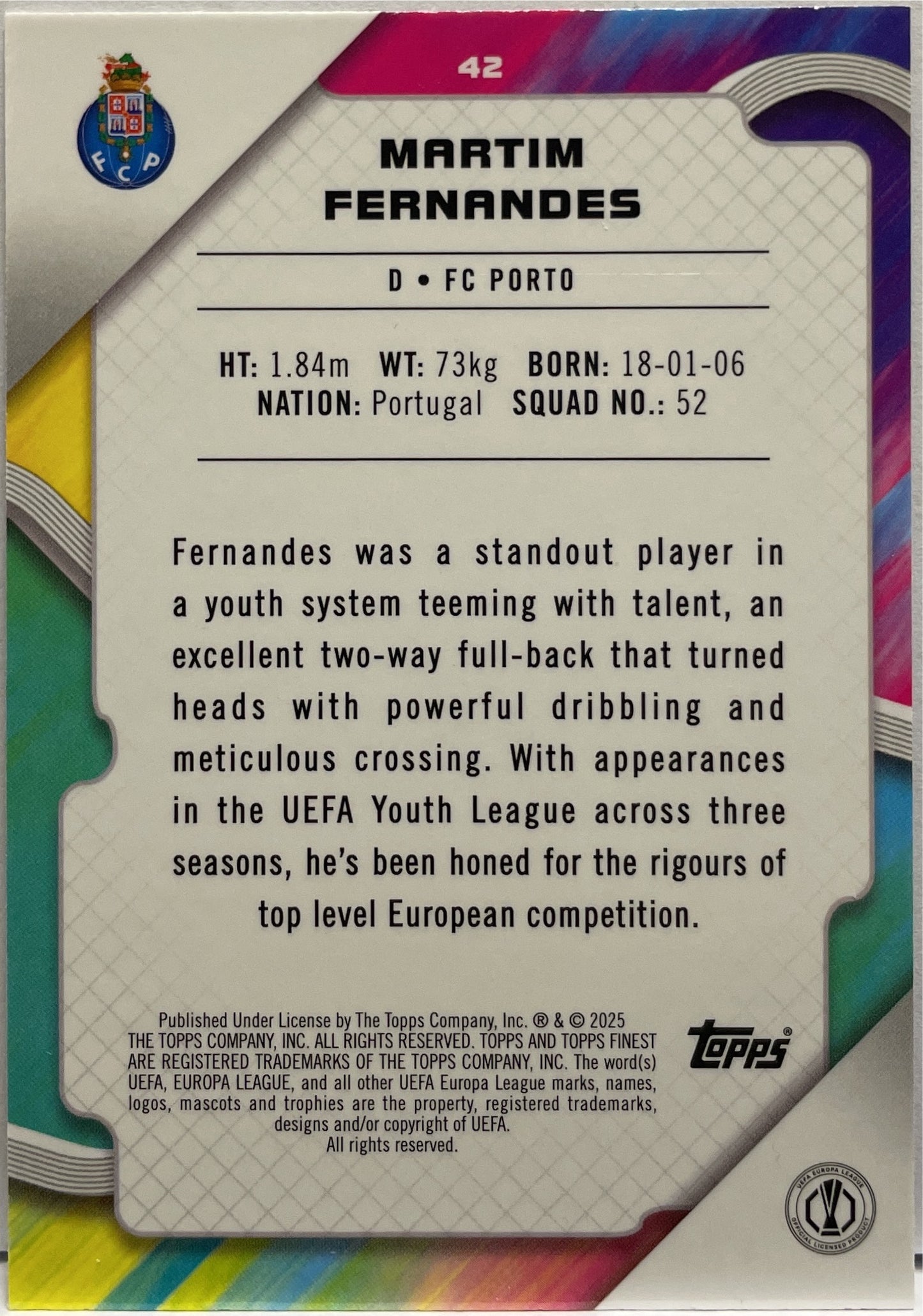 Martim Fernandes 262/299 Rookie Purple Topps Finest UCC 2024/25