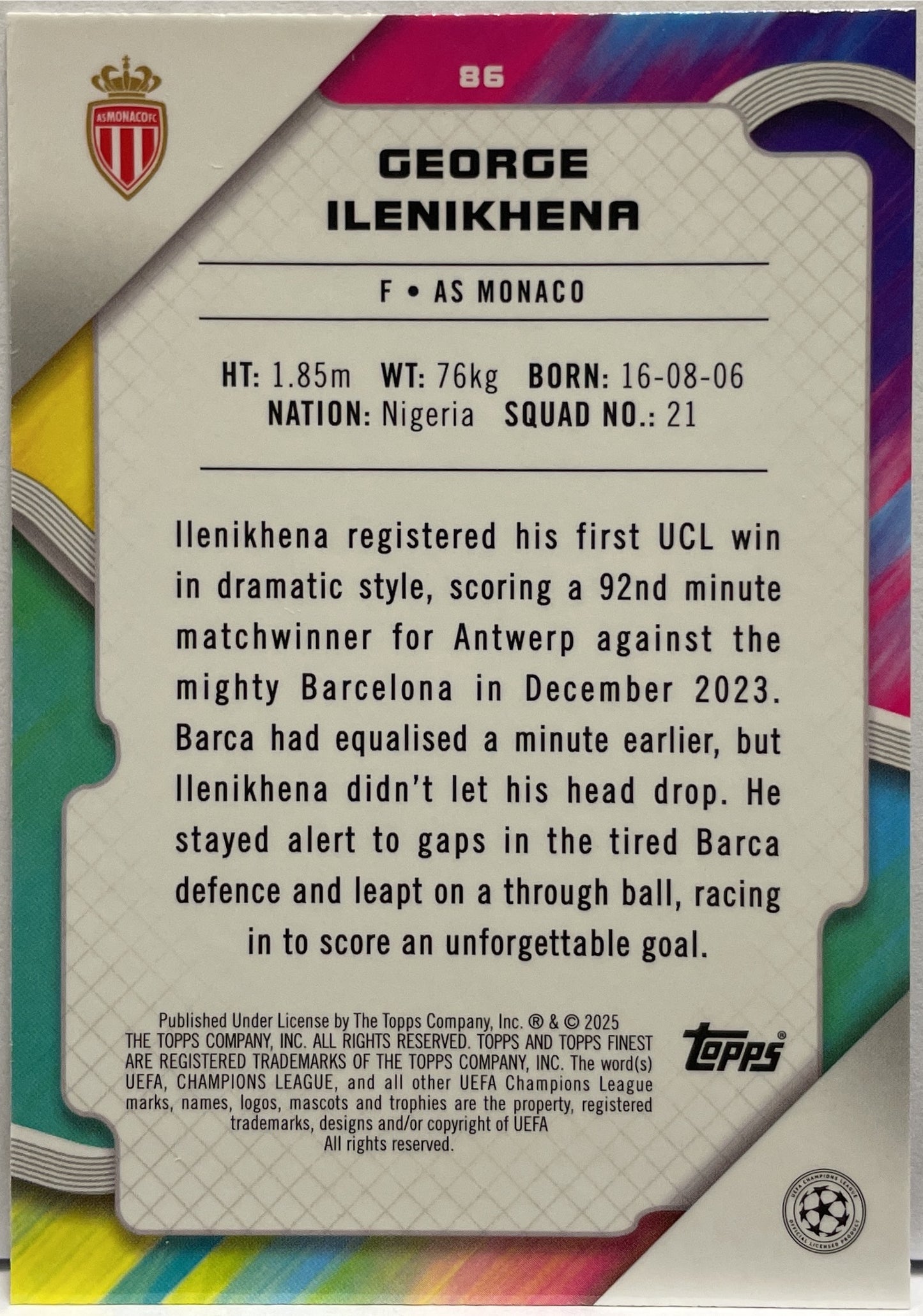 George Ilenikhena 122/299 Rookie Purple Topps Finest UCC 2024/25