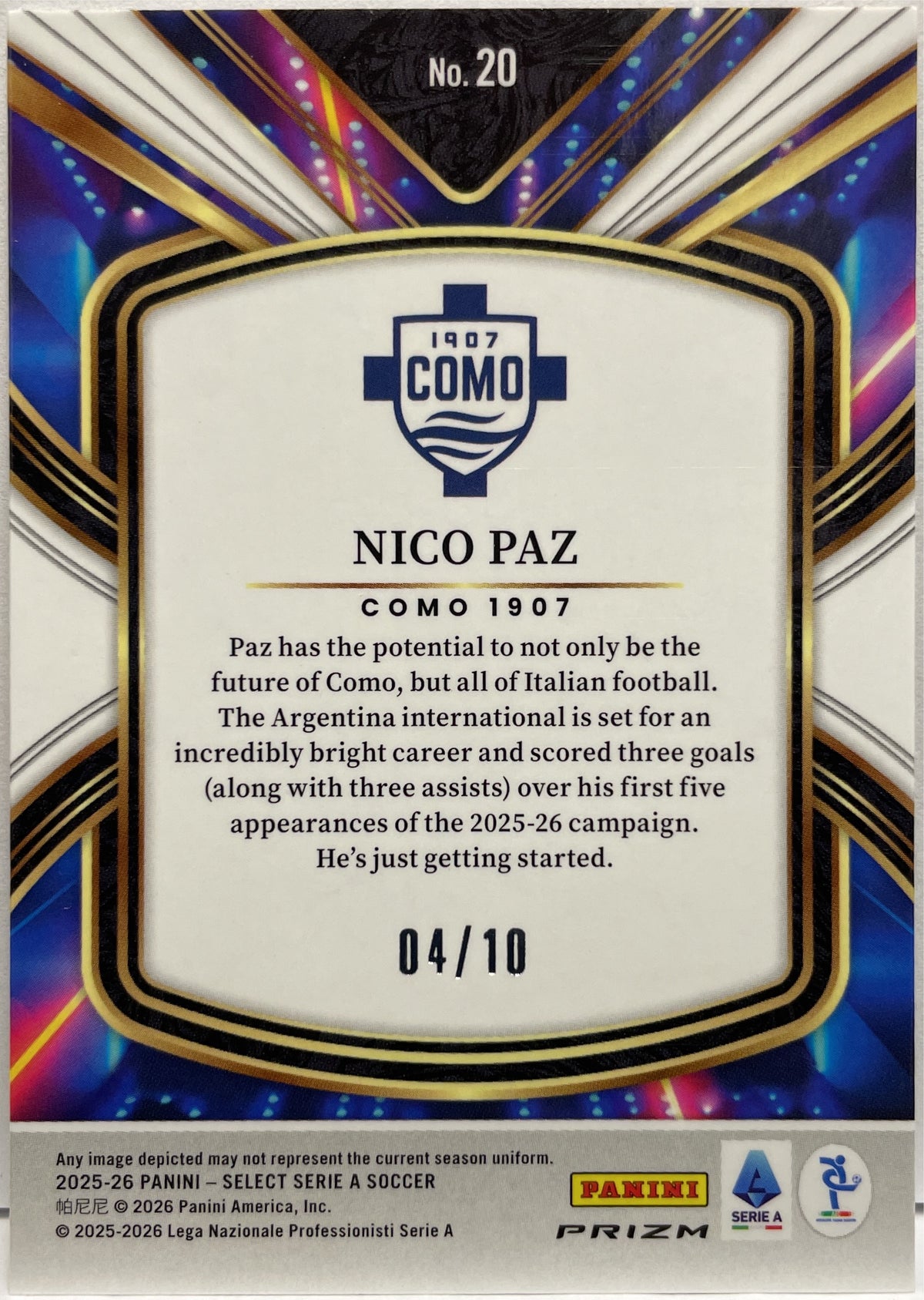 Nico Paz 4/10 Future Gold Panini Select Serie A 2025/26