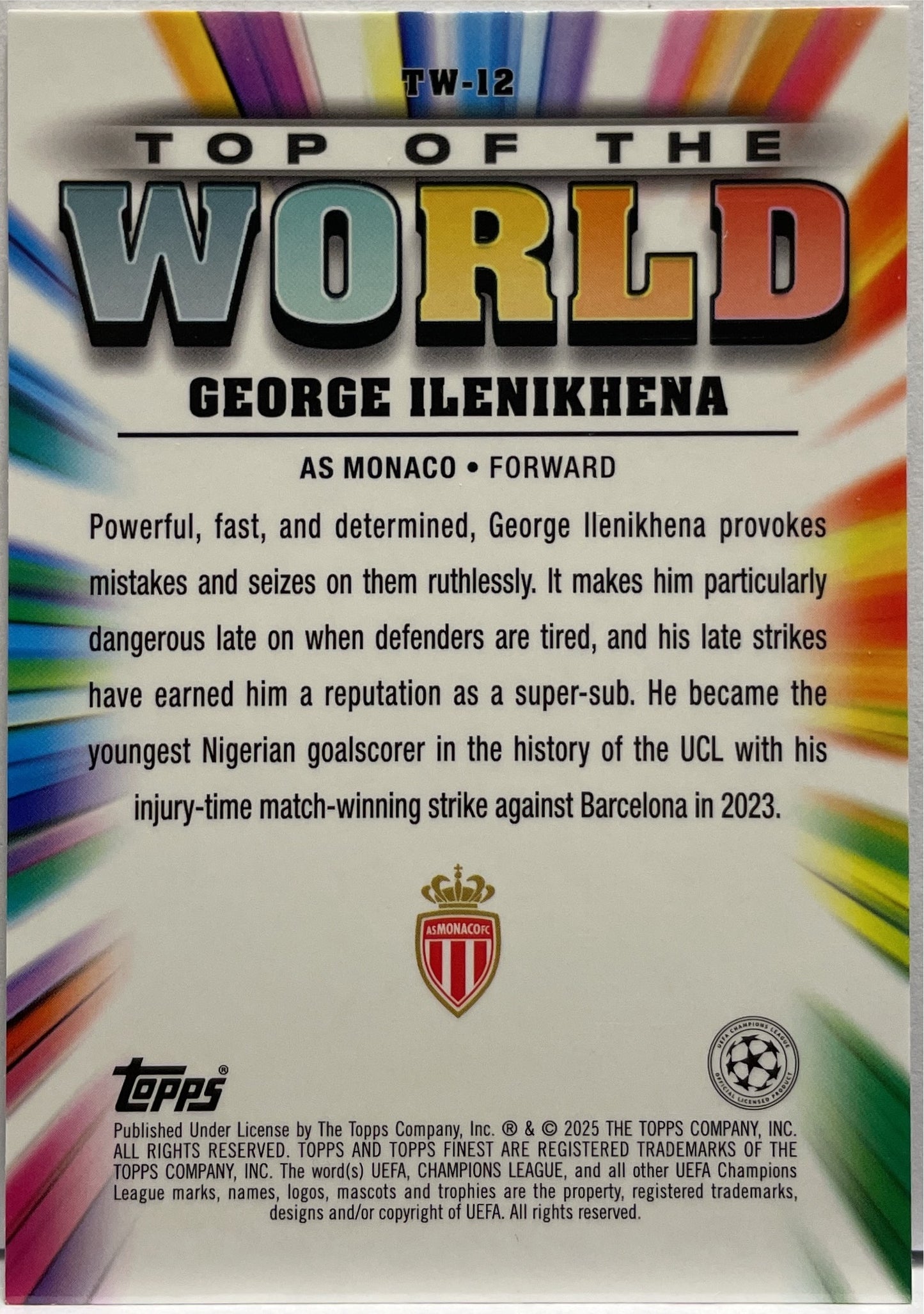 George Ilenikhena 15/299 Rookie Top Of The World Purple Topps Finest UCC 2024/25