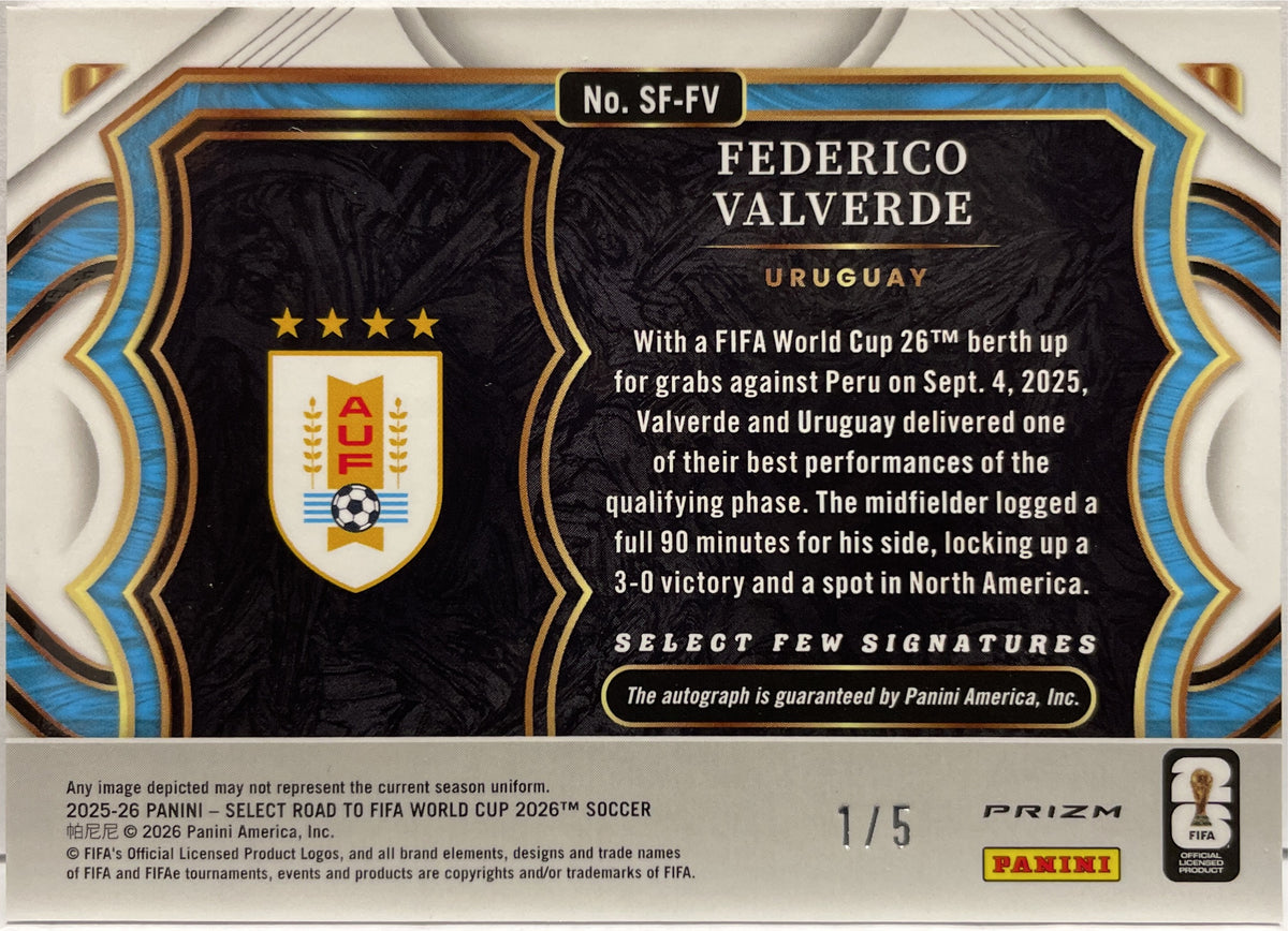 Federico Valverde 1/5 Autograph Few Signatures Panini Select Fifa World Cup 2026