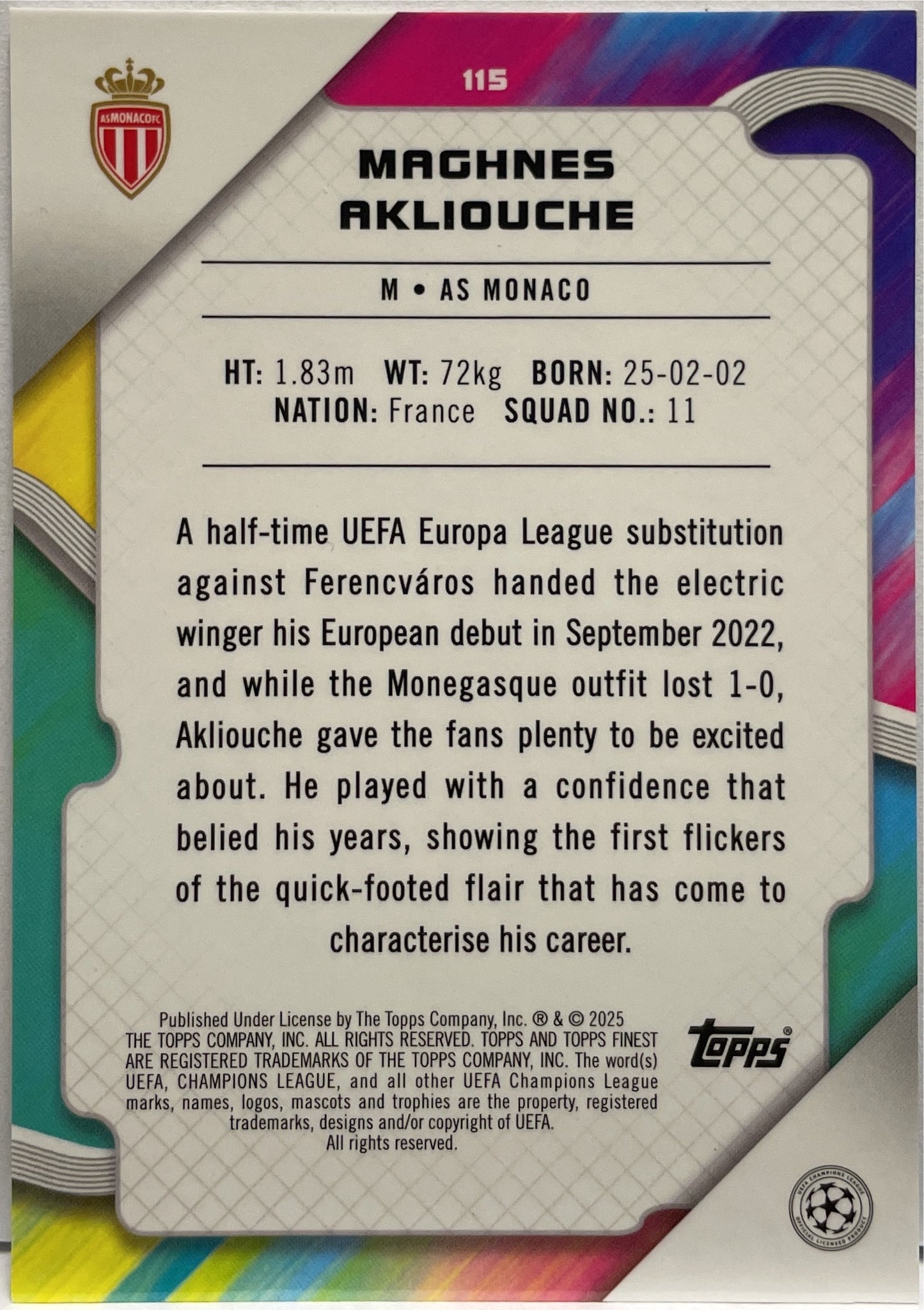 Maghnes Akliouche 27/99 Green Topps Finest UCC 2024/25