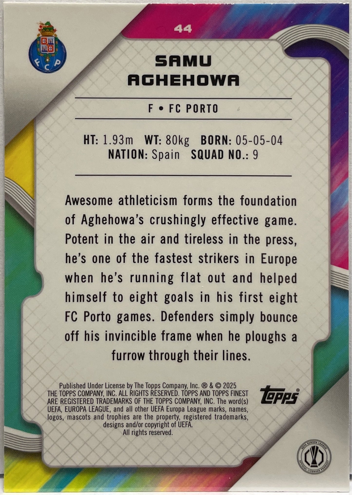 Samu Agheowa 200/275 Rookie Sky Blue Topps Finest UCC 2024/25