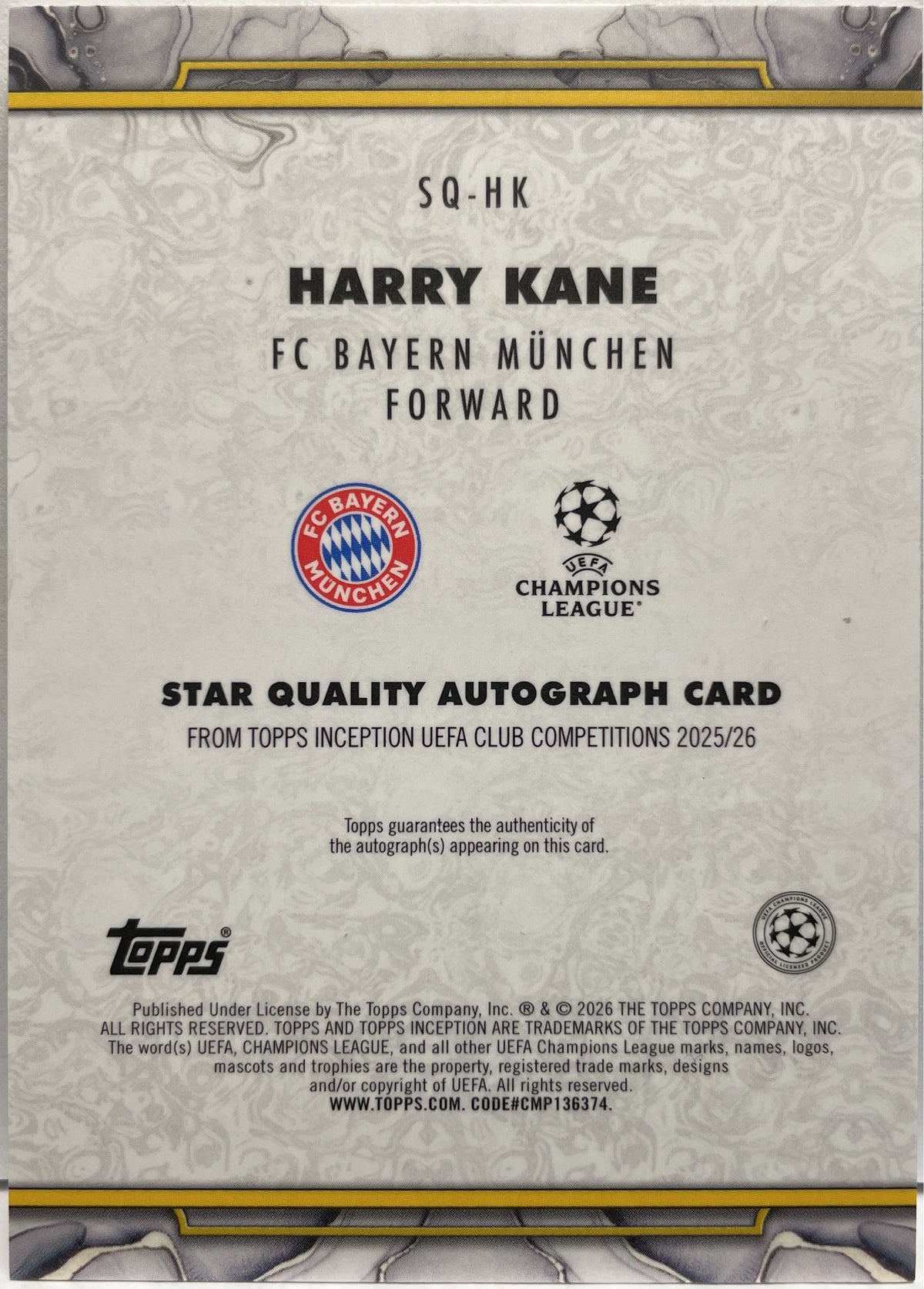 Harry Kane 4/49 Autograph Star Quality Blue Topps Inception 2025/26