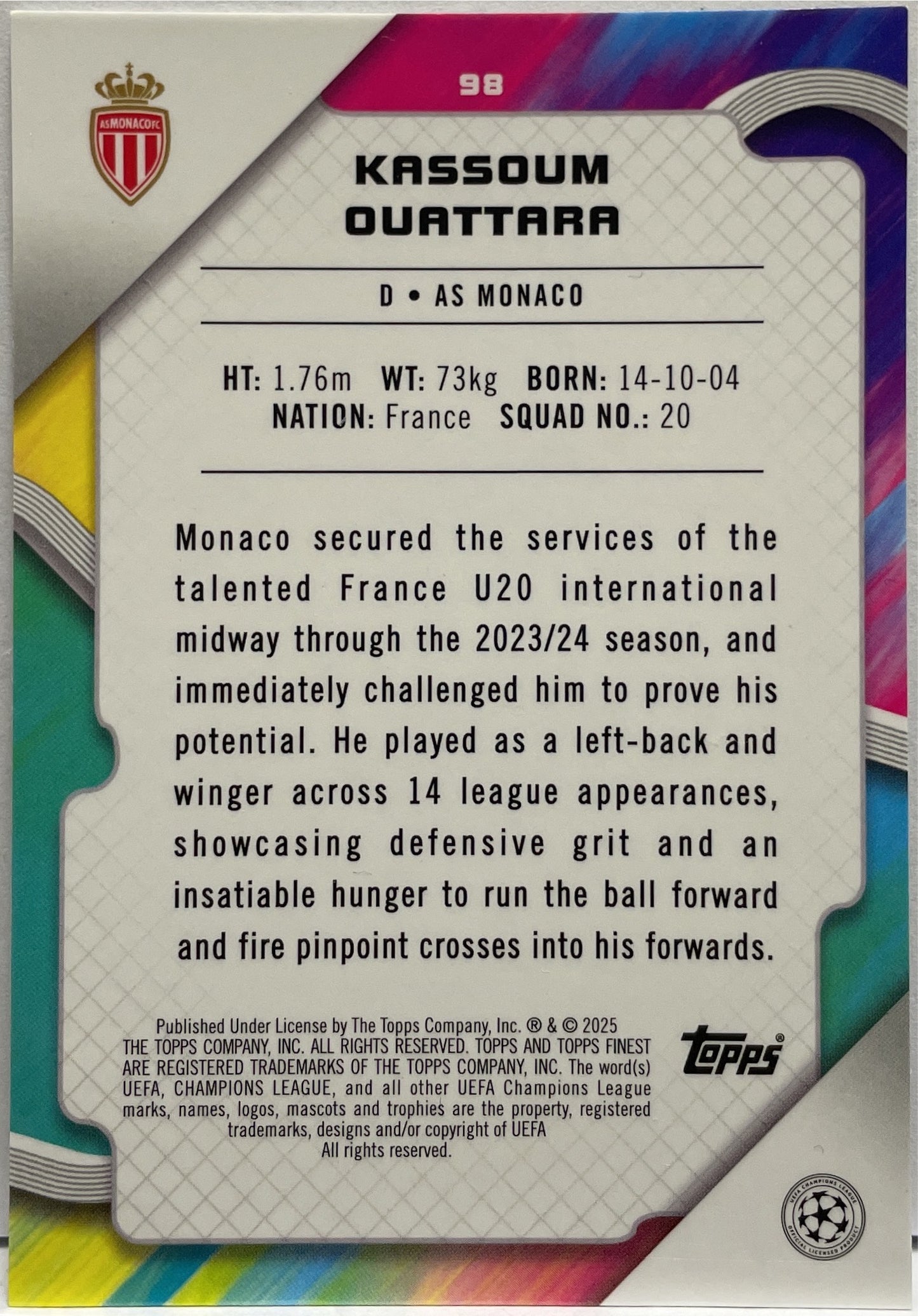 Kassoum Ouattara 20/199 Rookie Purple Lava Topps Finest UCC 2024/25