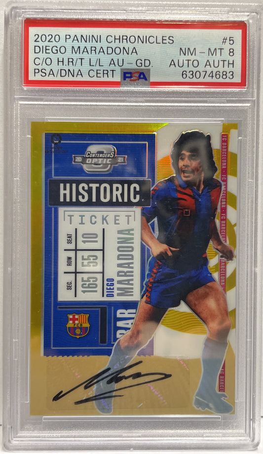 Diego Maradona 2/10 Autograph Historic Ticket Gold Panini Chronicles 2020/21 PSA 8