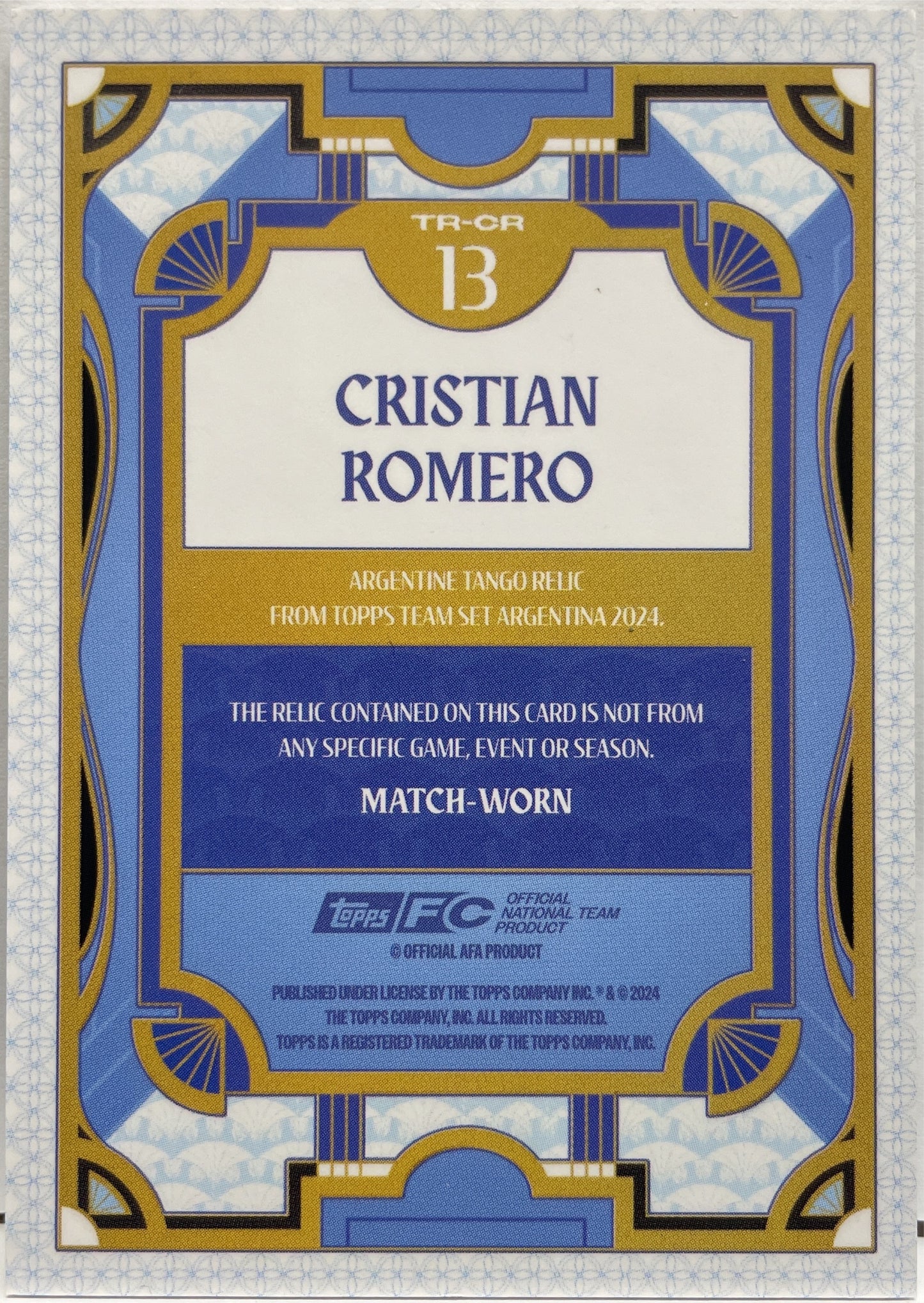 Cristian Romero Patch Tango Relic Topps Argentina Team Set 2024/25