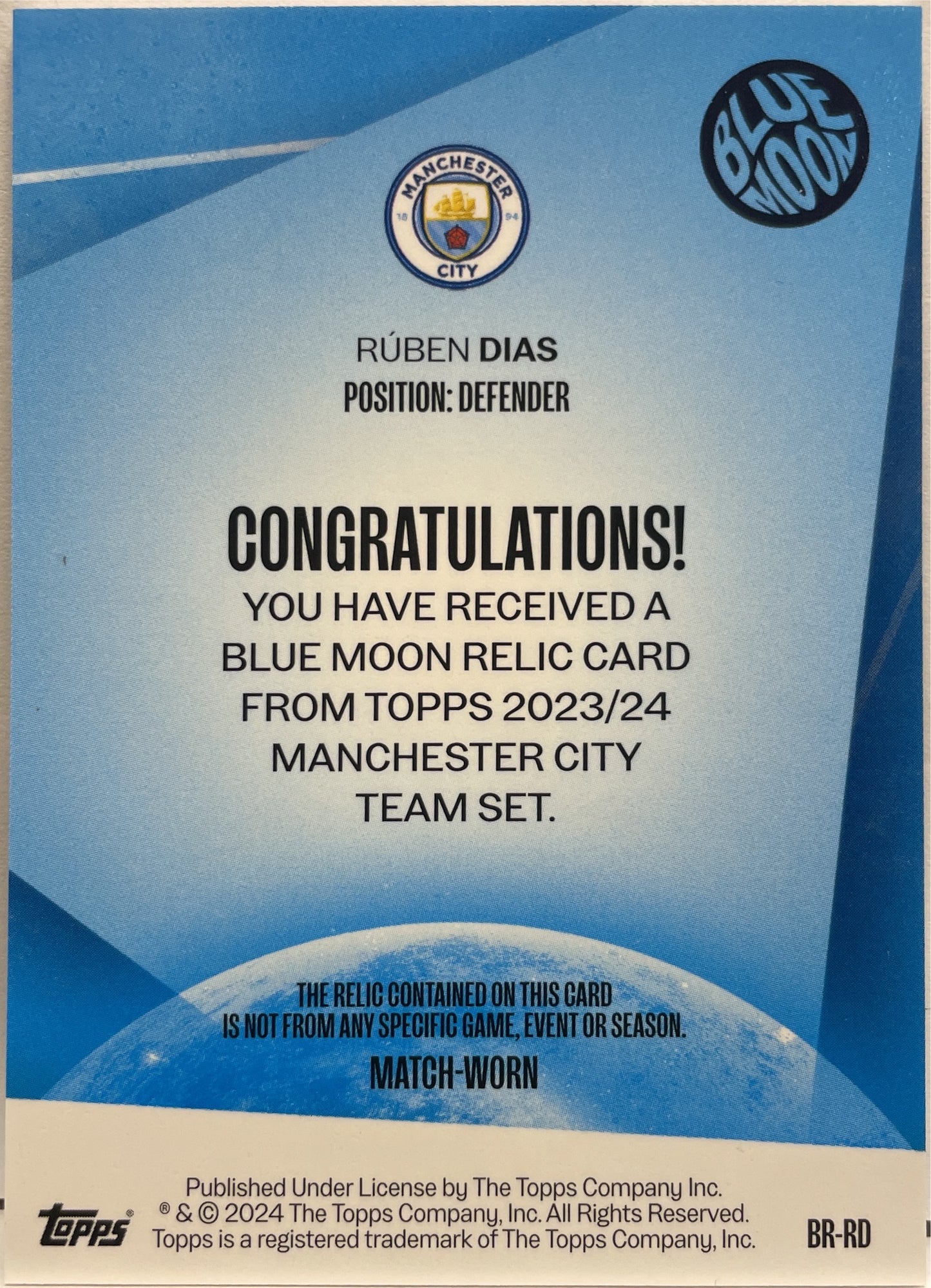 Ruben Dias 13/50 Patch Blue Moon Topps Manchester City Team Set 2023/24
