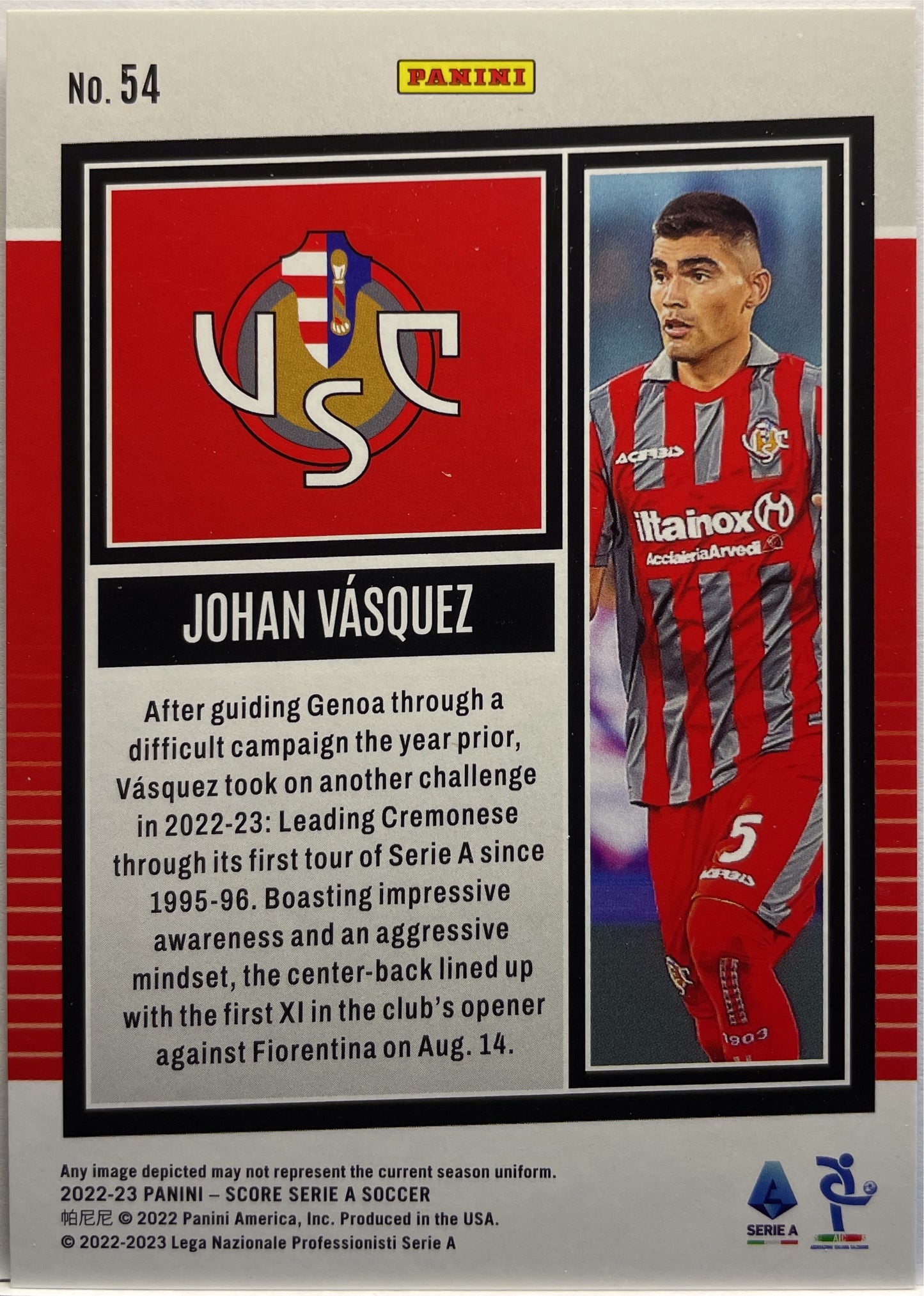 Johan Vasquez 34/60 Blue Laser Score Serie A 2022/23