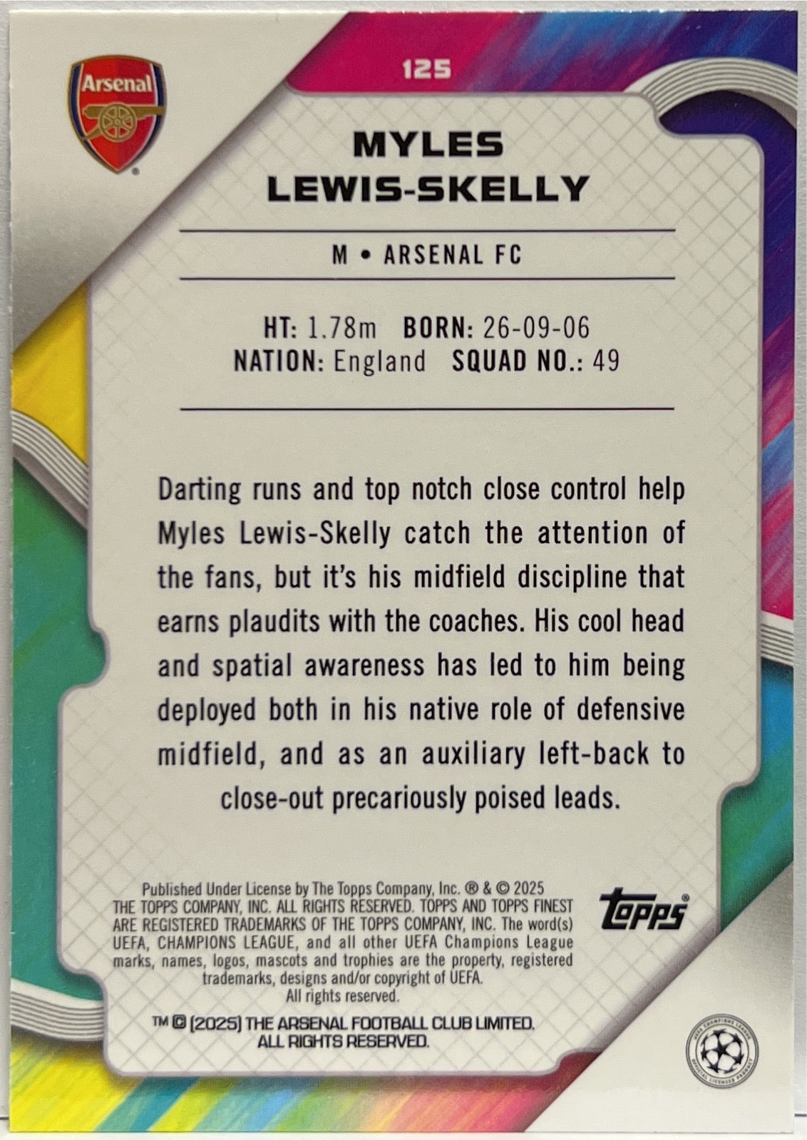Myles Lewis Skelly 25/99 Rookie Green Topps Finest UCC 2024/25