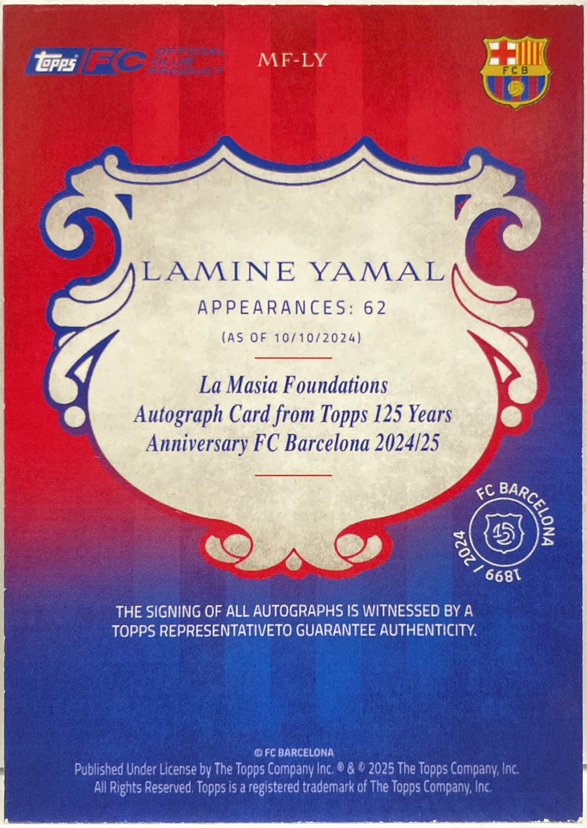Lamine Yamal 96/99 Autograph Pink Topps Barcelona 125 2024/25