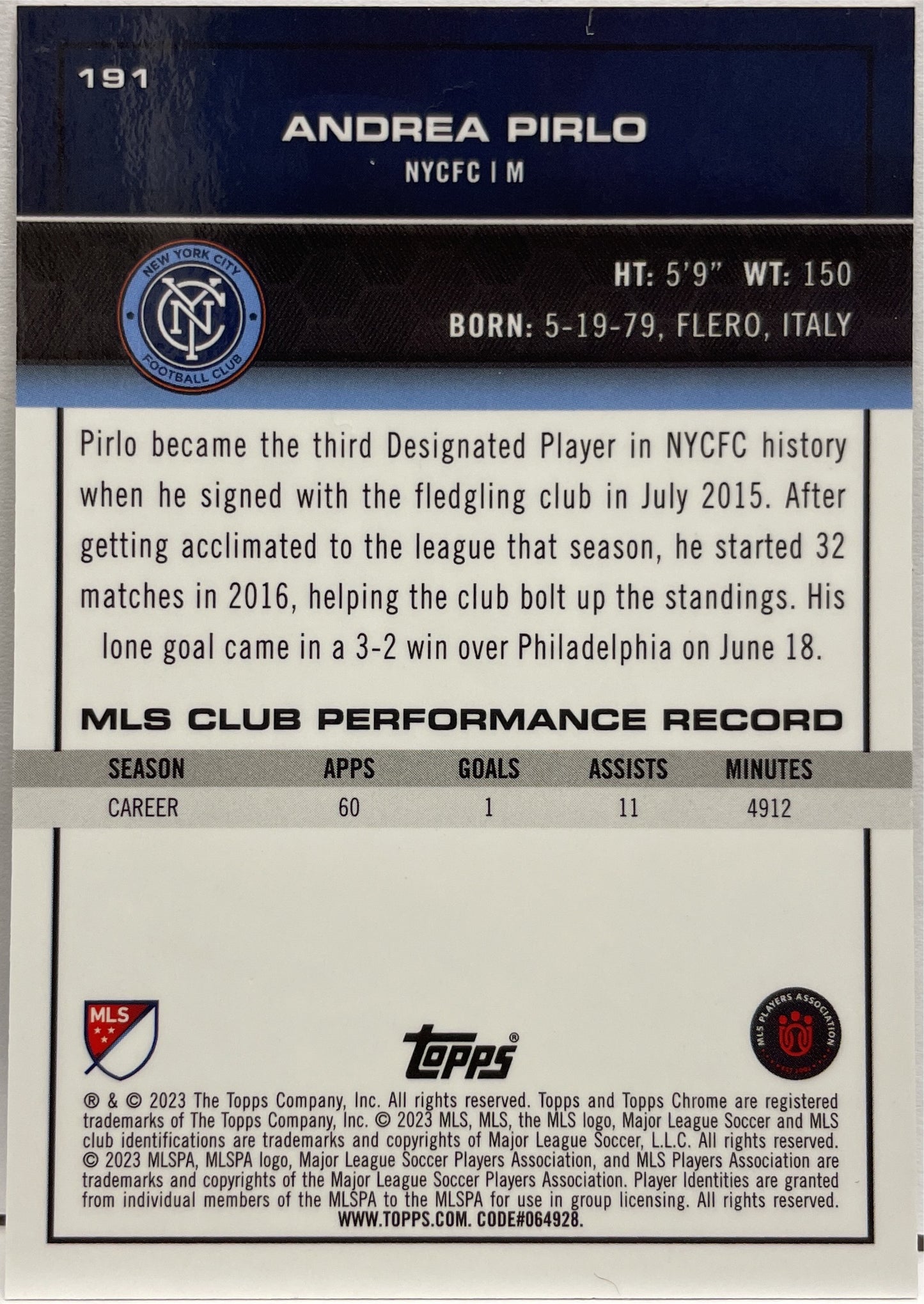 Andrea Pirlo 40/50 Flashback Gold Topps Chrome MLS 2022/23