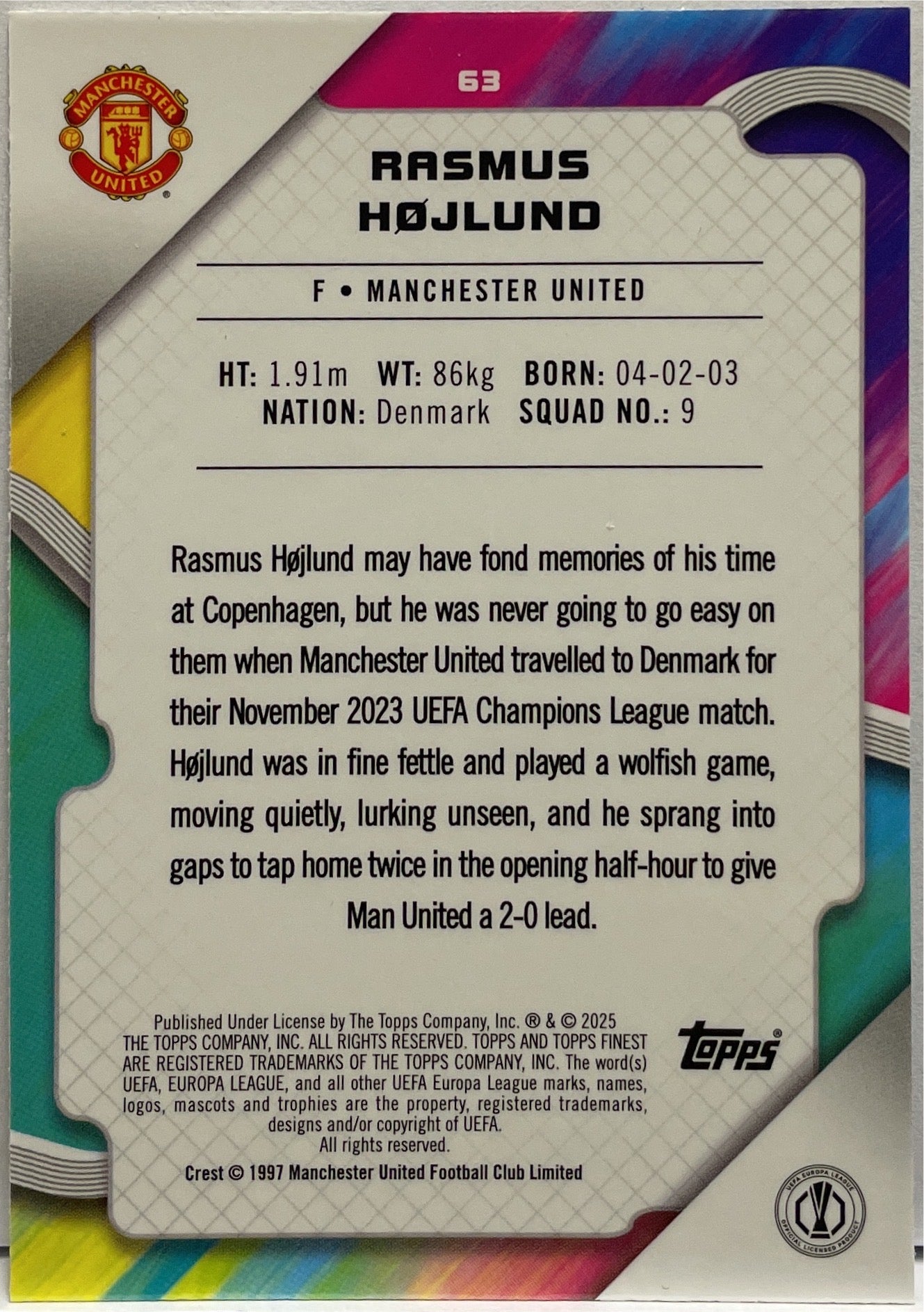 Rasmus Hojlund 92/275 Sky Blue Topps Finest UCC 2024/25