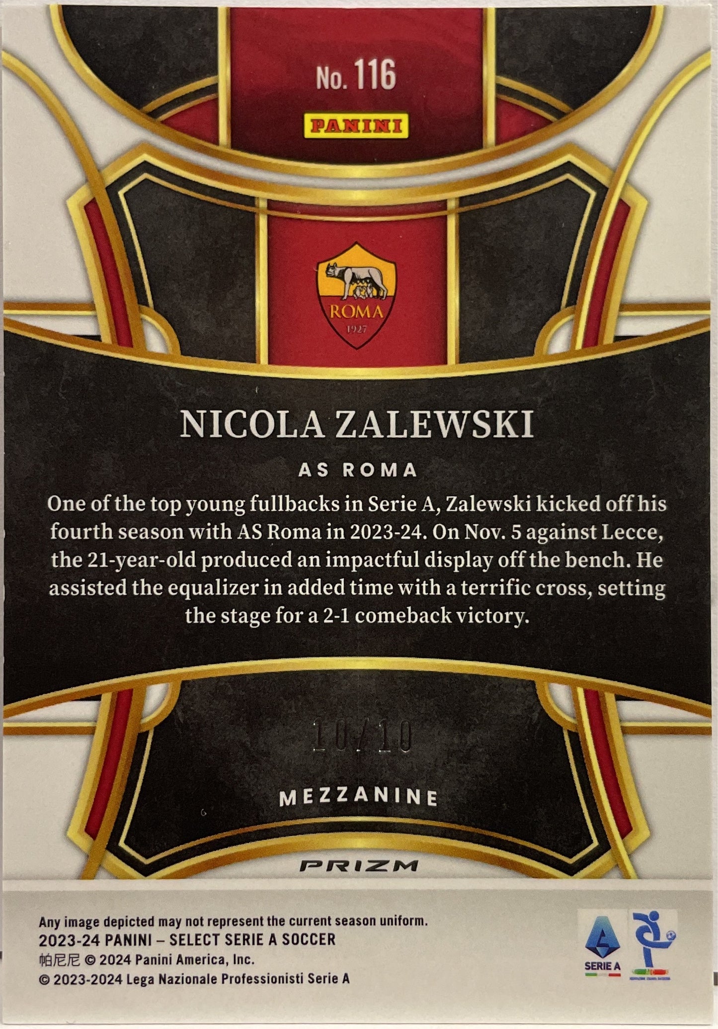 Nicola Zalewski 10/10 Mezzanine Gold Wave Select Serie A 2023/24