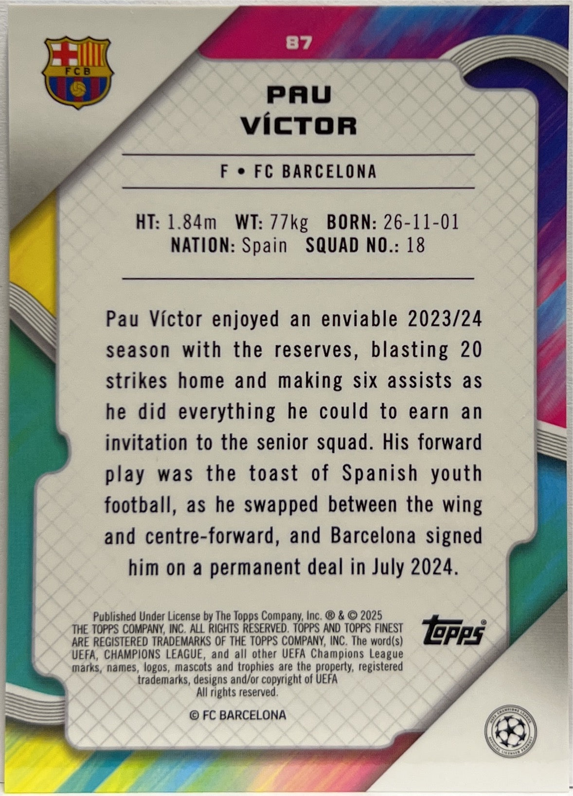 Pau Victor 12/25 Rookie Orange Topps Finest UCC 2024/25