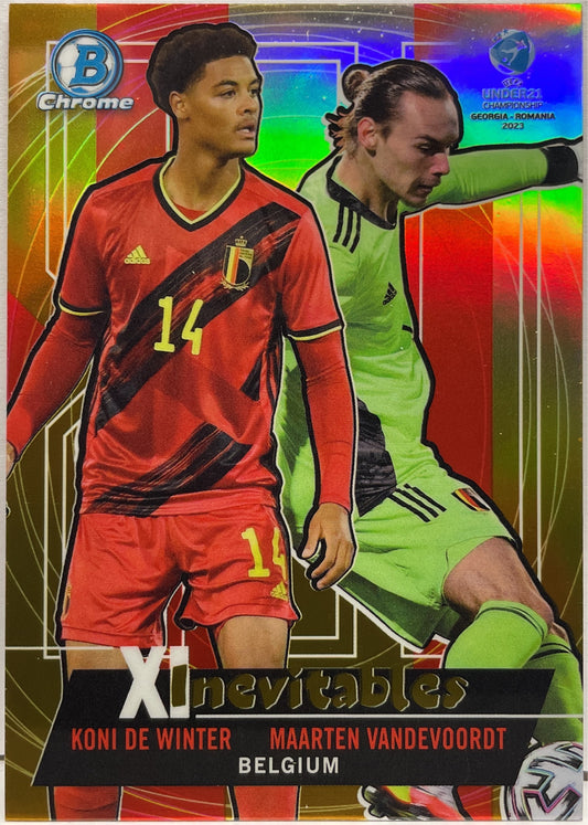Koni De Winter & Maarten Vandevoordt 26/50 Inevitable Gold Topps Chrome Bowman Uefa U21 2023