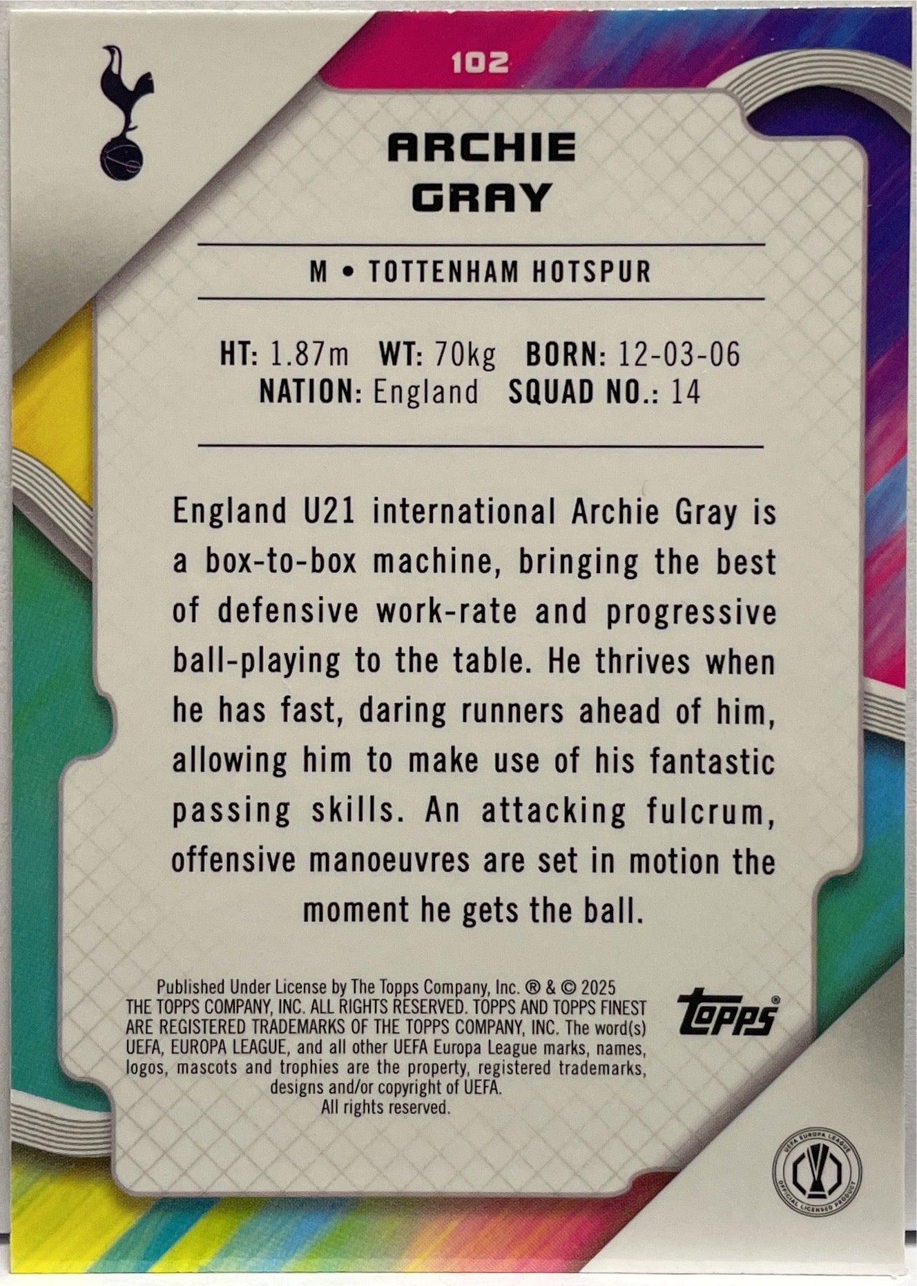 Archie Gray 287/299 Rookie Purple Topps Finest UCC 2024/25