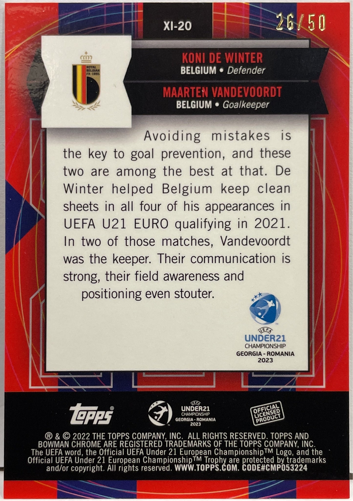 Koni De Winter & Maarten Vandevoordt 26/50 Inevitable Gold Topps Chrome Bowman Uefa U21 2023