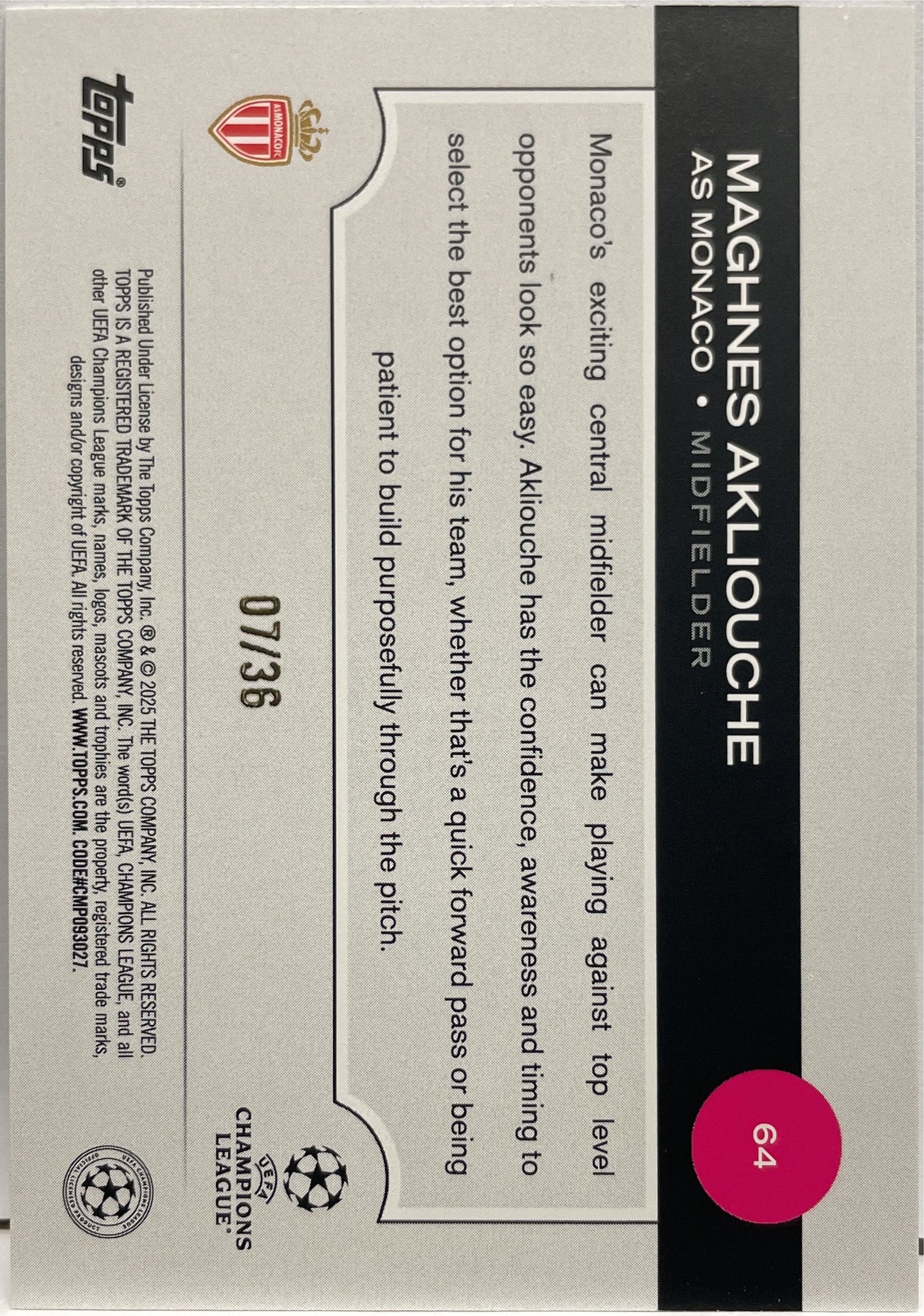 Maghnes Akliouche 7/36 New Chapter Topps UCC 2024/25