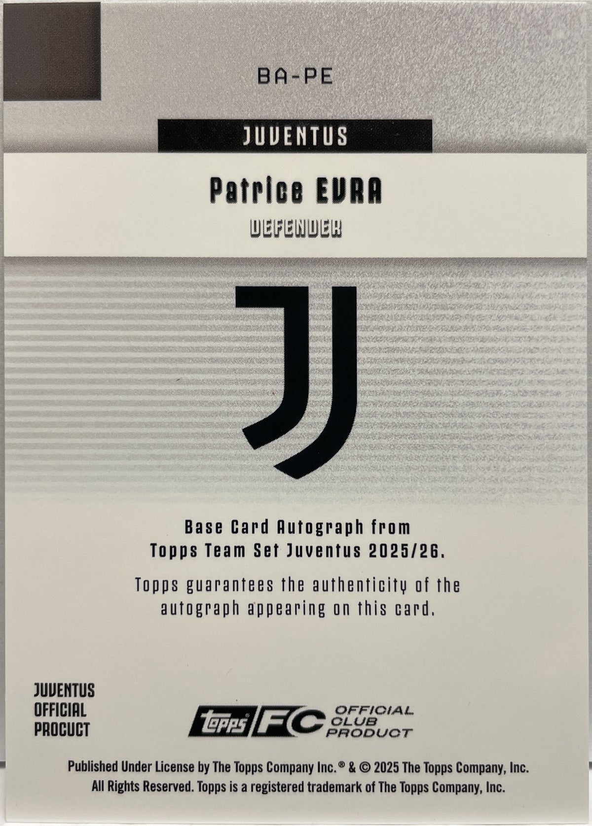 Patrice Evra 84/99 Autograph Topps Juventus Team Set 2025/26