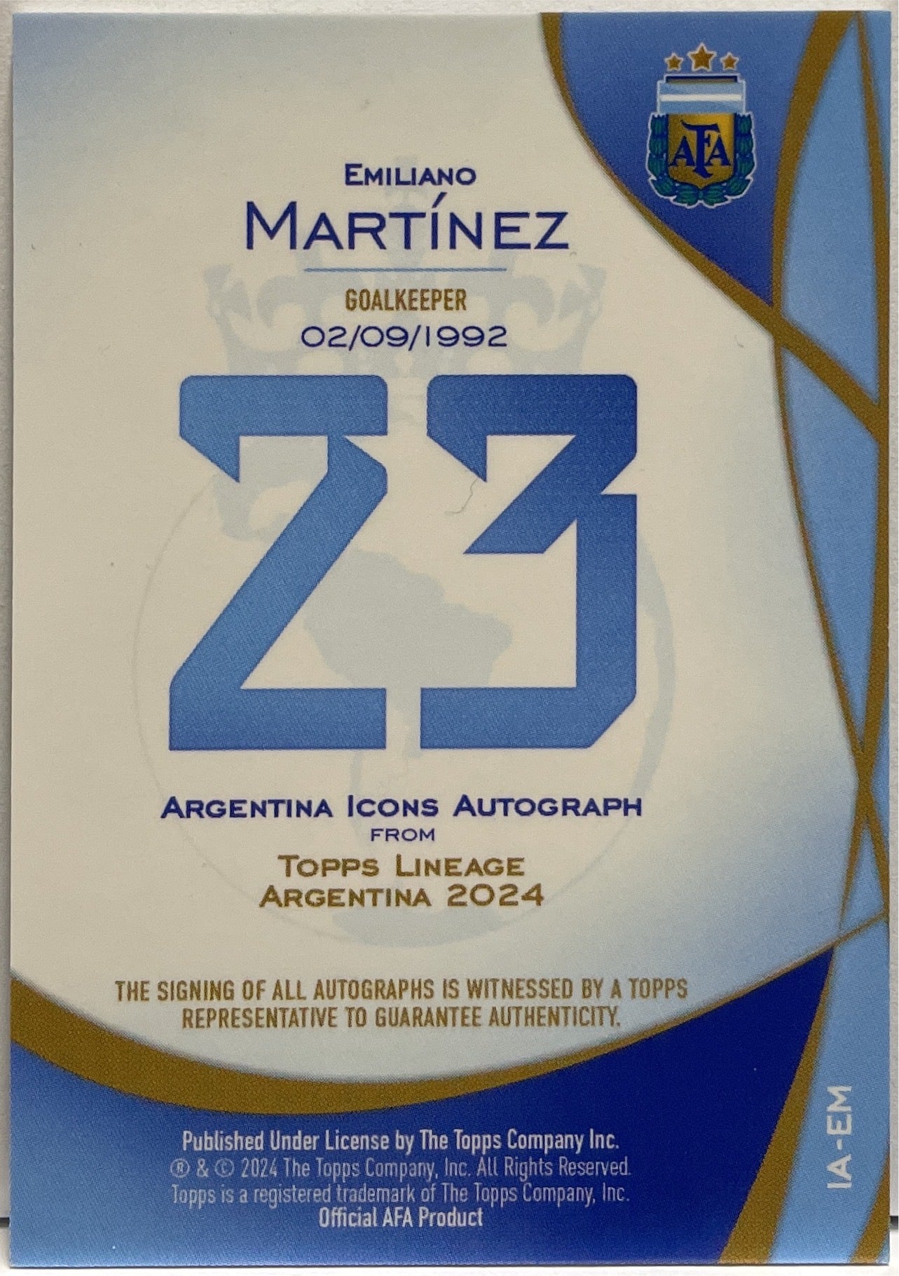 Emiliano Martinez 37/75 Autograph Green Topps Lineage Argentina 2024