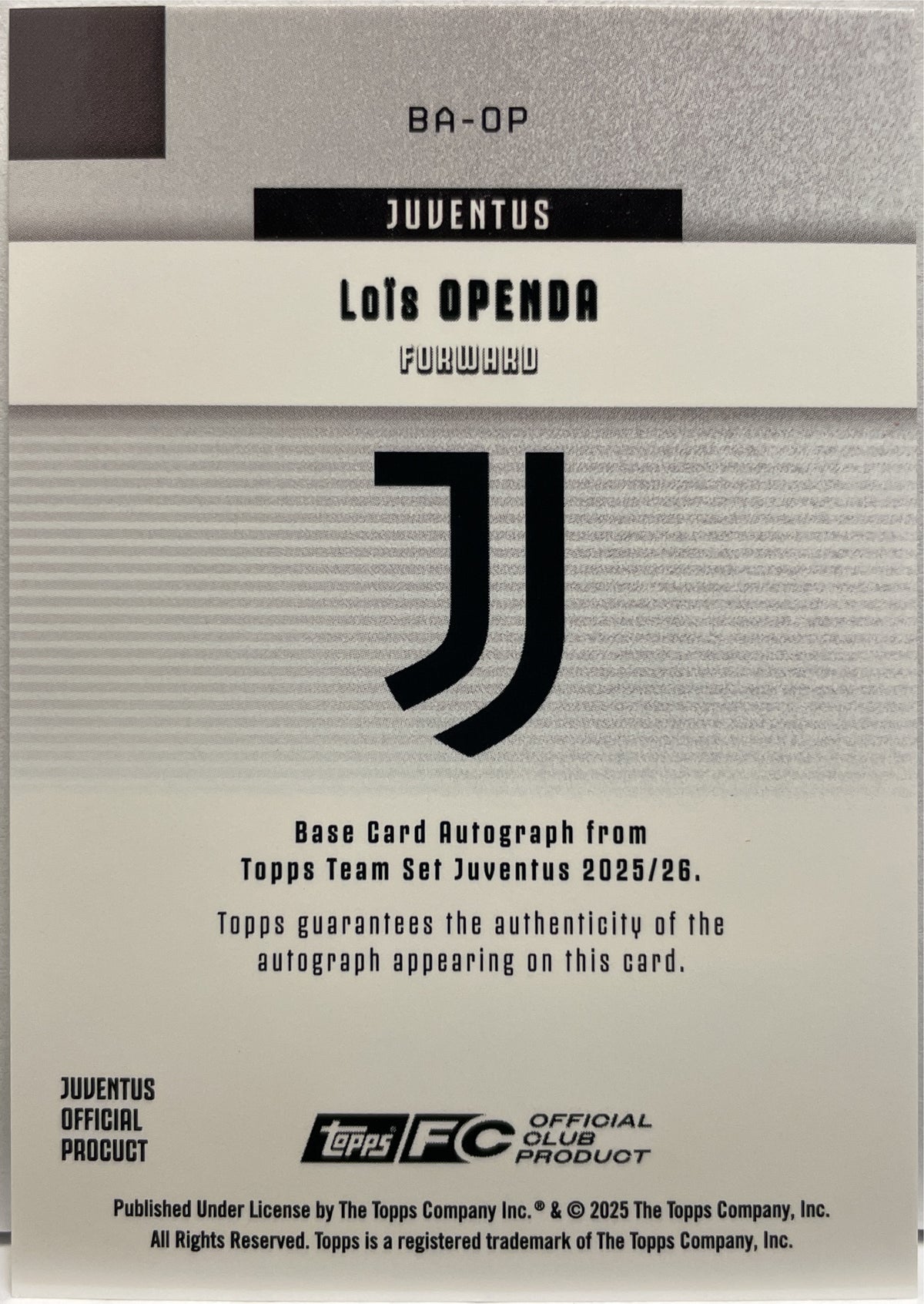 Lois Openda 16/50 Autograph Gold Topps Juventus Team Set 2025/26