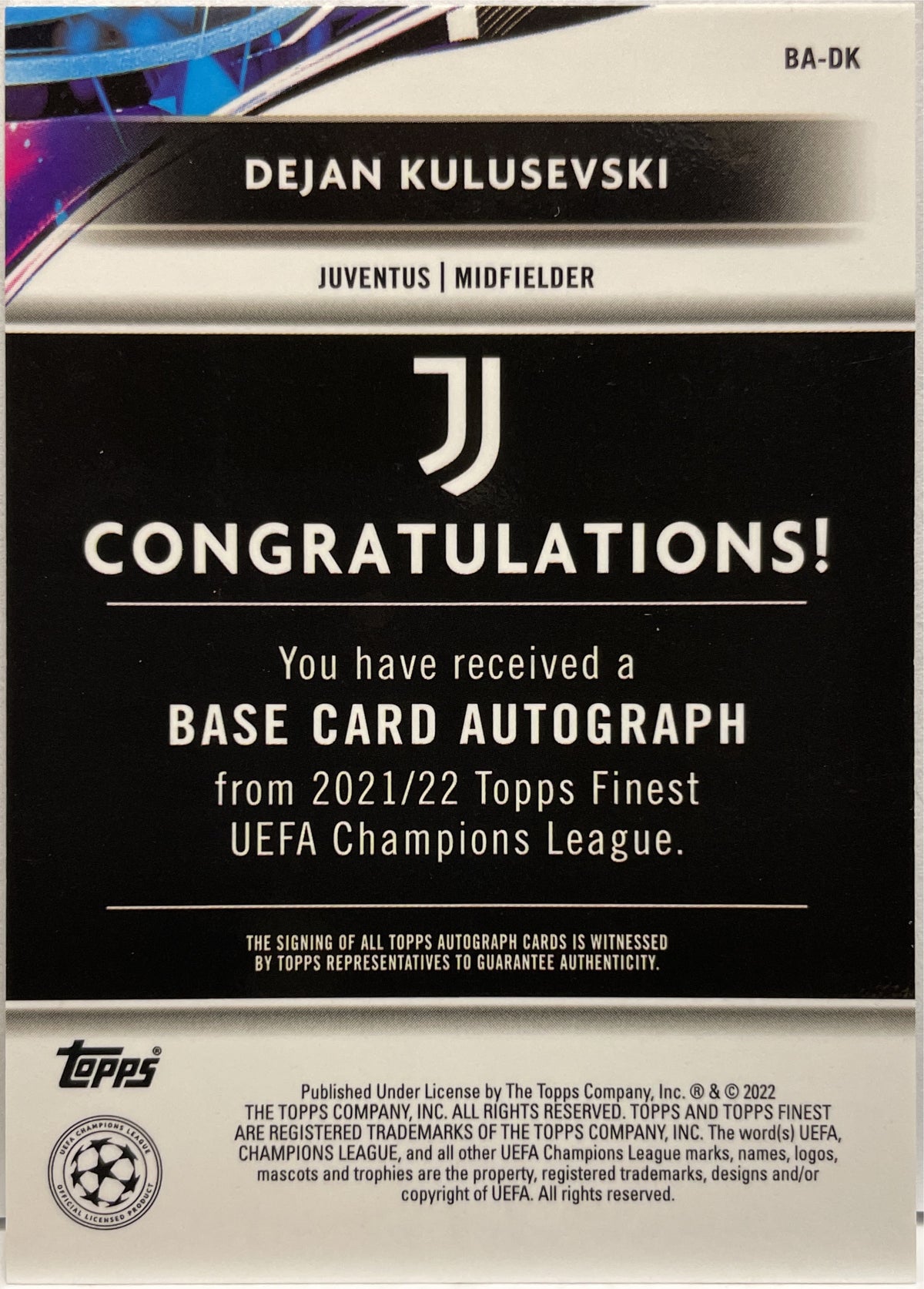 Dejan Kulusevski Autograph Topps Finest UCL 2021/22