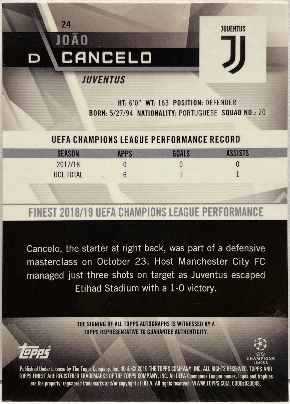 Joao Cancelo Autograph Topps Finest UCL 2018/19