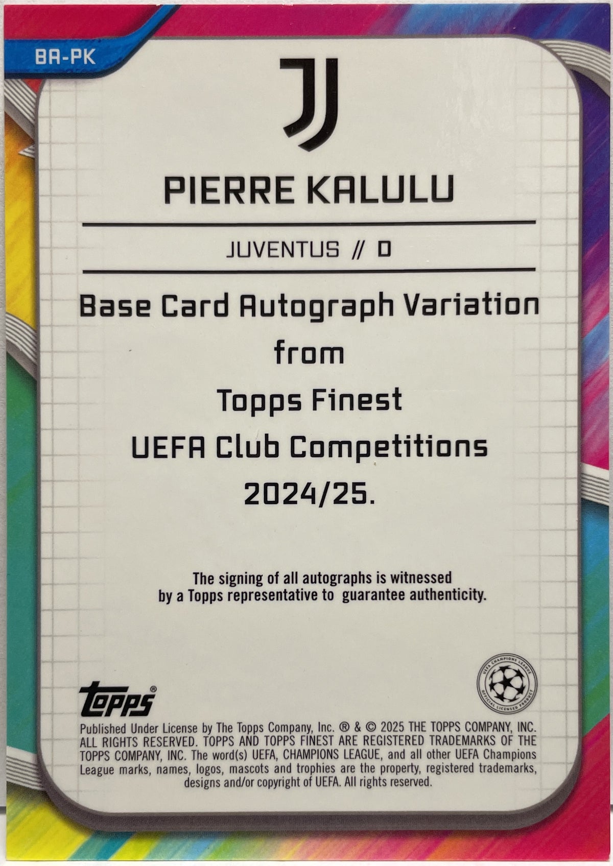 Pierre Kalulu 154/199 Autograph Purple Shimmer Topps Finest UCC 2024/25