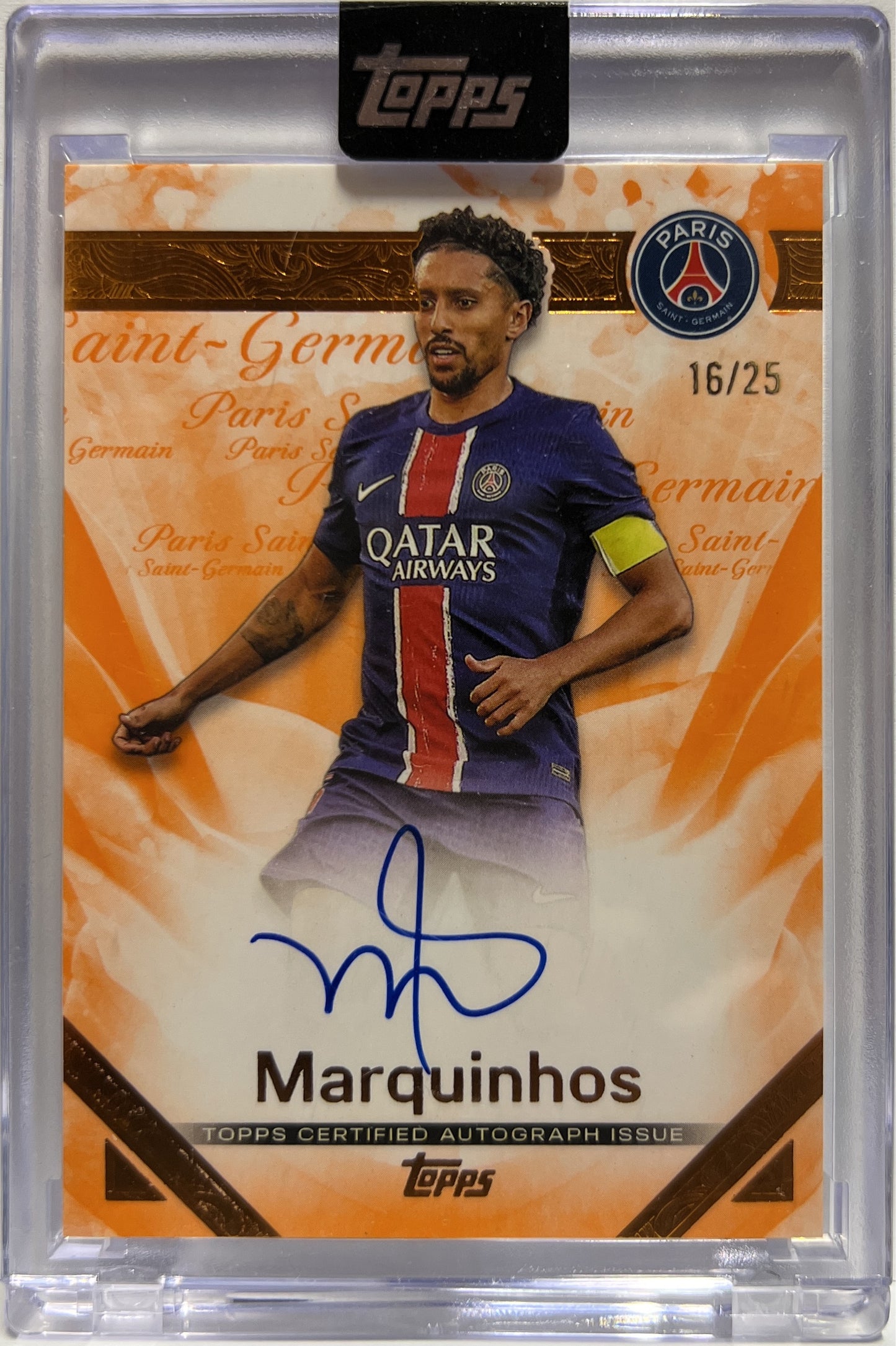 Marquinhos 16/25 Autograph On Card Ruffled Orange Topps Exhibition PSG 2024/25