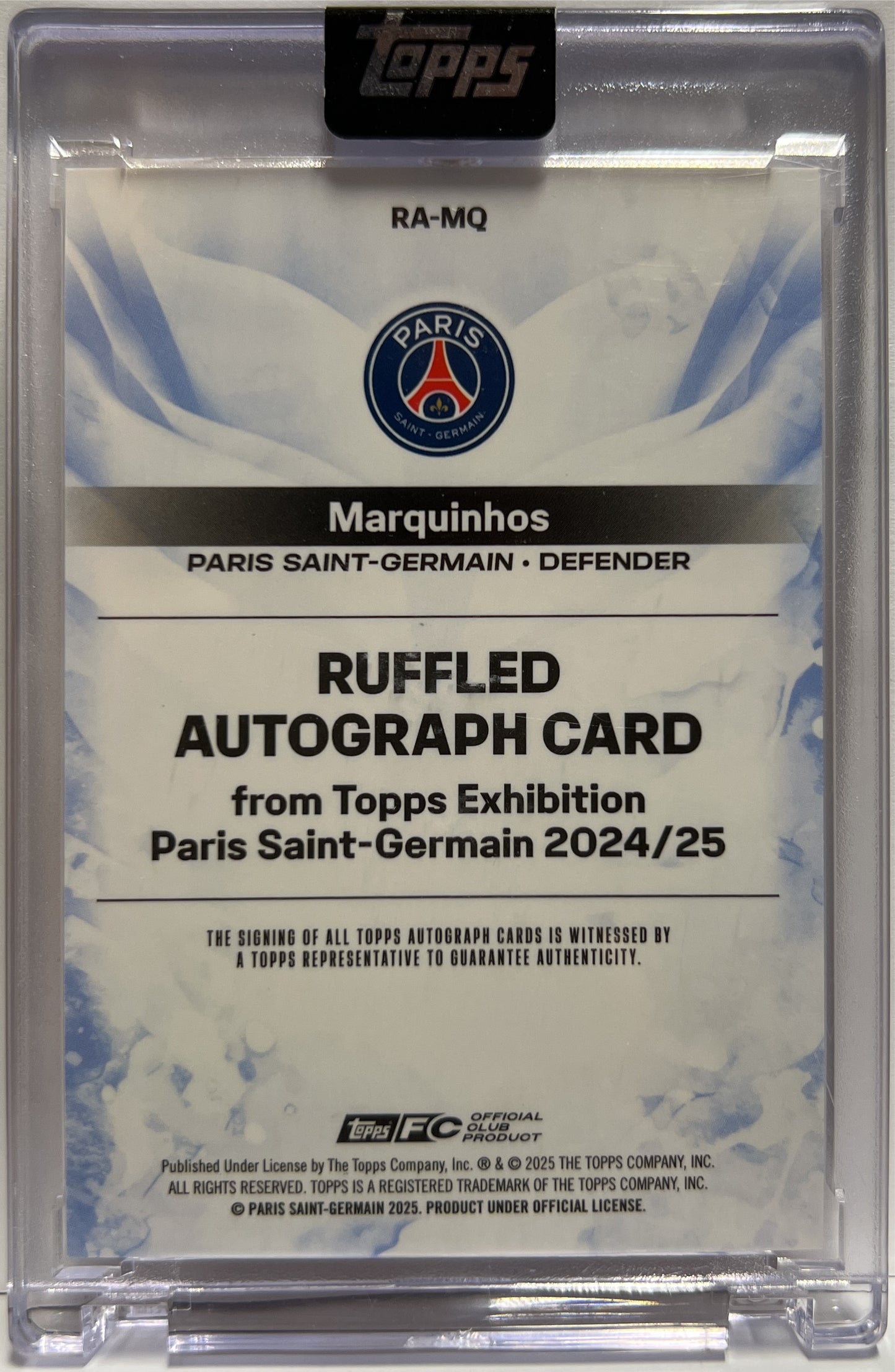 Marquinhos 16/25 Autograph On Card Ruffled Orange Topps Exhibition PSG 2024/25