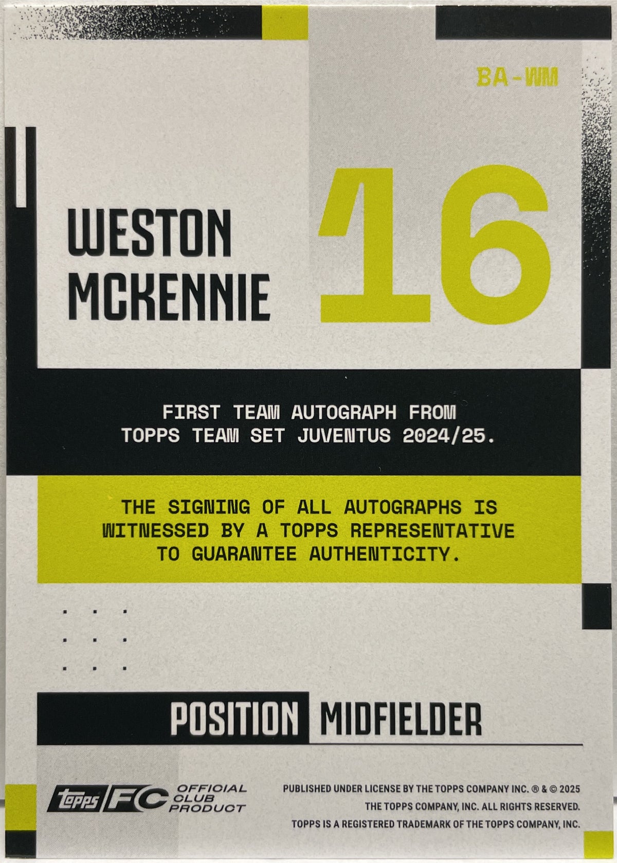 Weston McKennie 24/50 Autograph Gold Topps Juventus Premium Team Set 2024/25