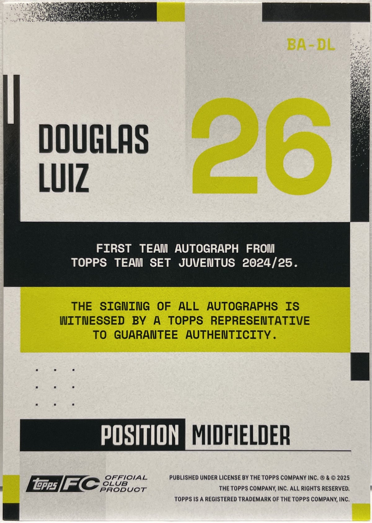 Douglas Luiz 111/250 Autograph Blue Topps Juventus Premium Team Set 2024/25