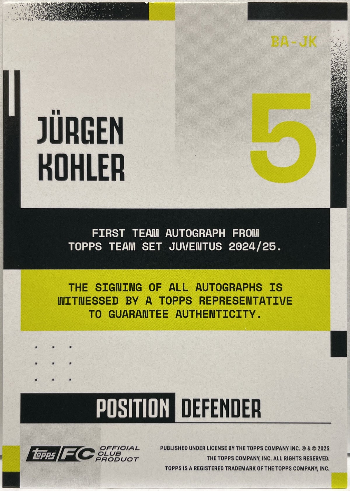 Jurgen Kohler 141/250 Autograph Blue Topps Juventus Premium Team Set 2024/25