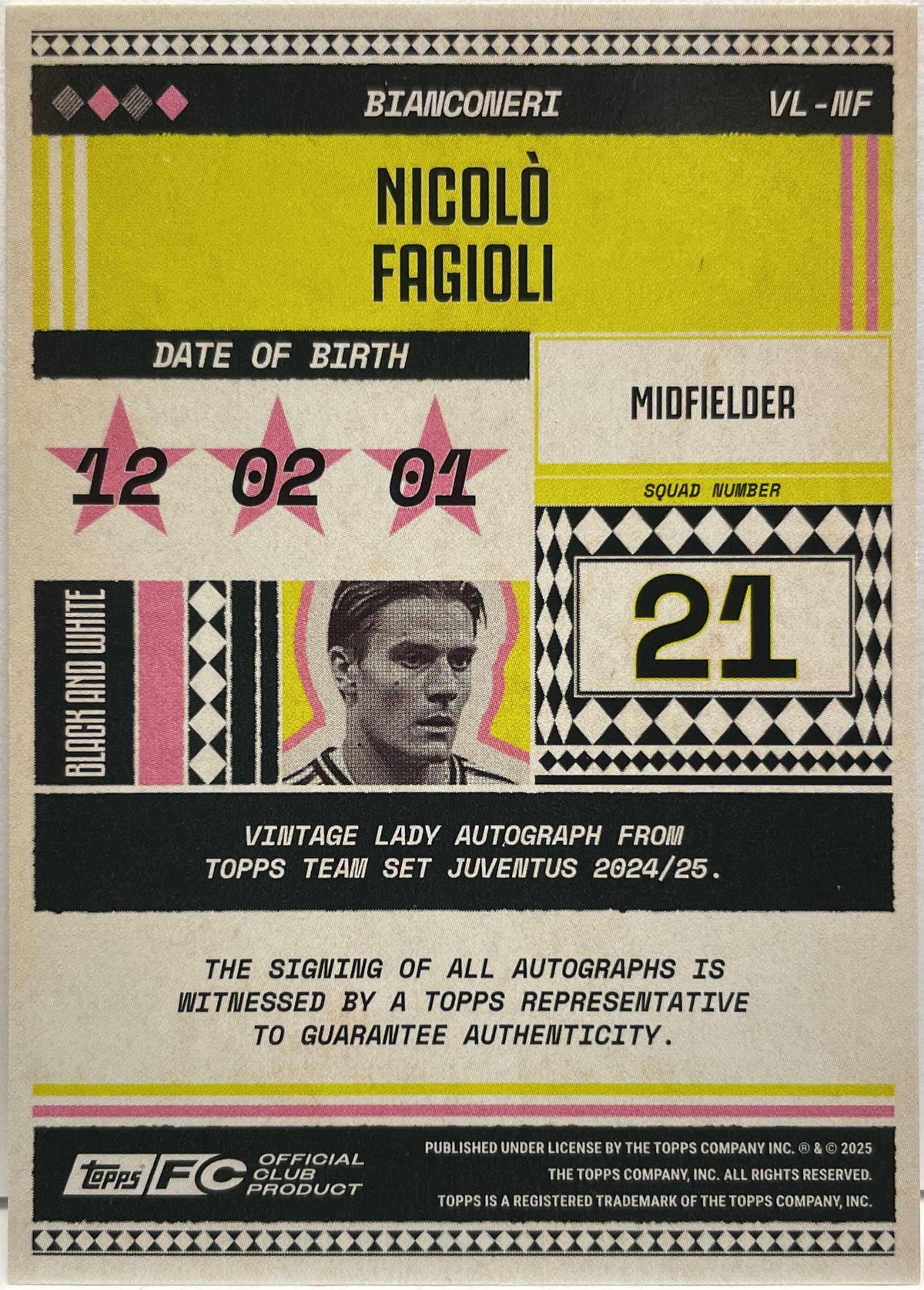 Nicolo Fagioli 43/50 Autograph Vintage Lady Gold Topps Juventus Premium Team Set 2024/25